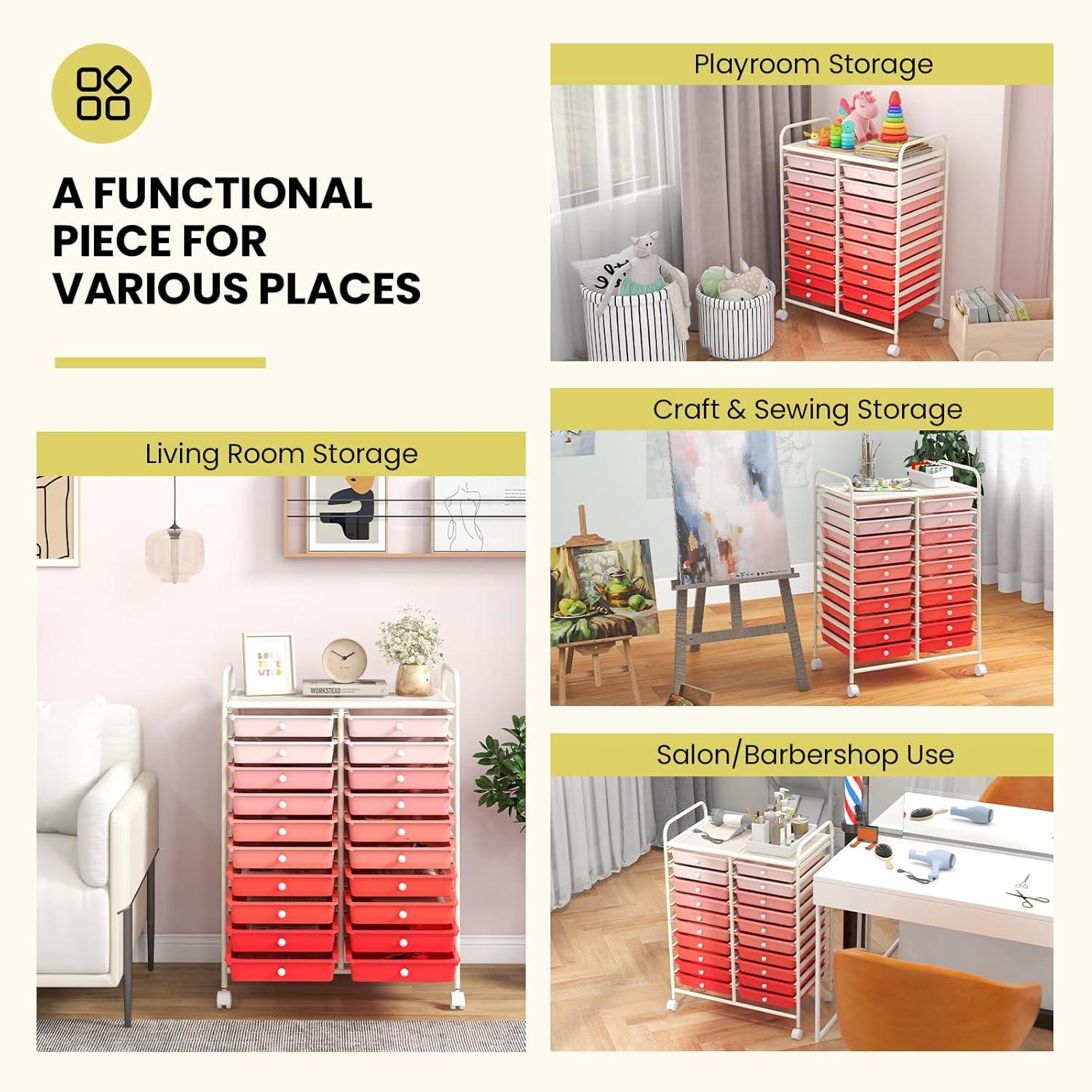 image:imageGiantex 20Drawer Storage Drawer Cart Rolling Organizer Cart for Office School Tools Scrapbook Paper Utility Rack on Wheels MulticolorPink Gradient