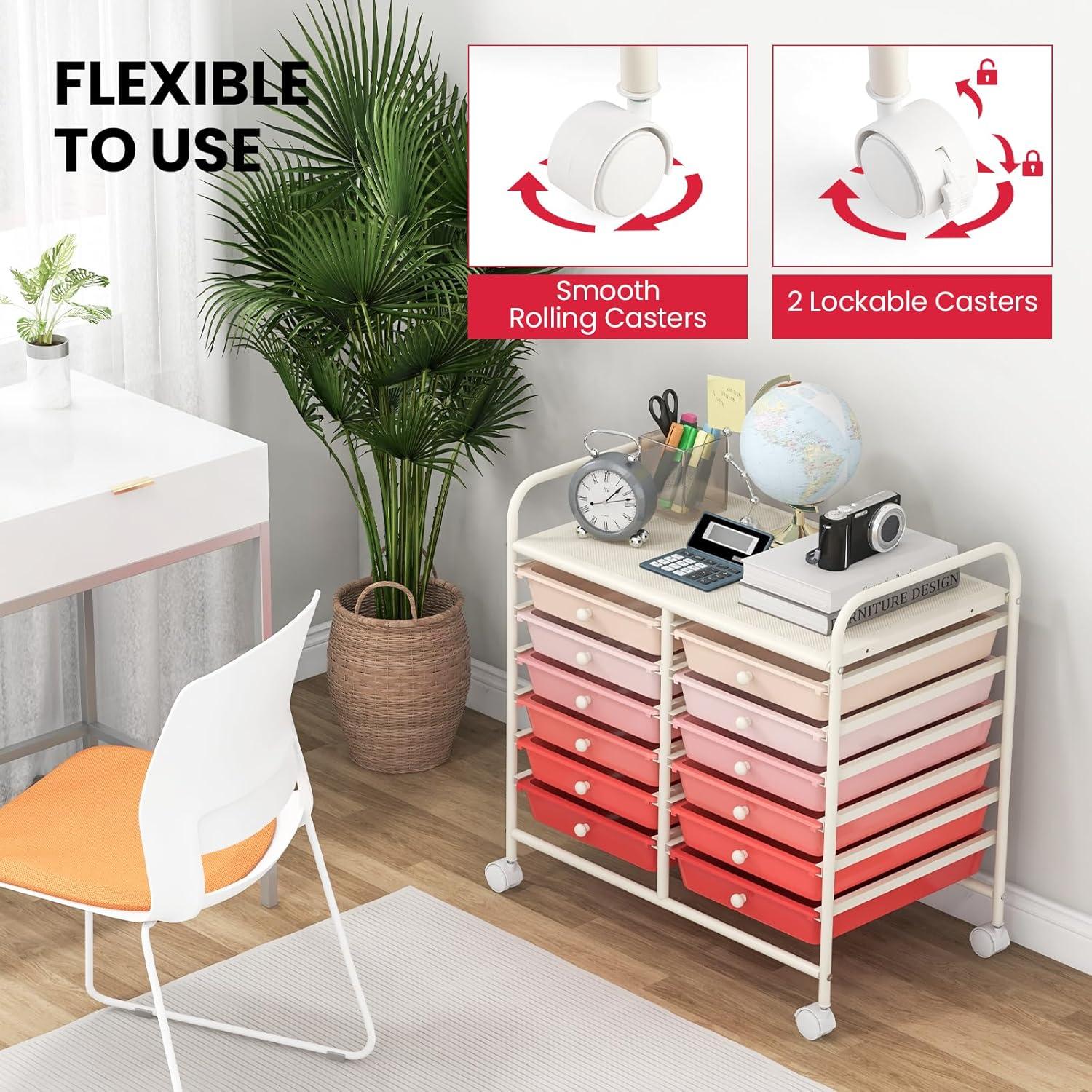 image:imageGiantex 20Drawer Storage Drawer Cart Rolling Organizer Cart for Office School Tools Scrapbook Paper Utility Rack on Wheels MulticolorPink Gradient