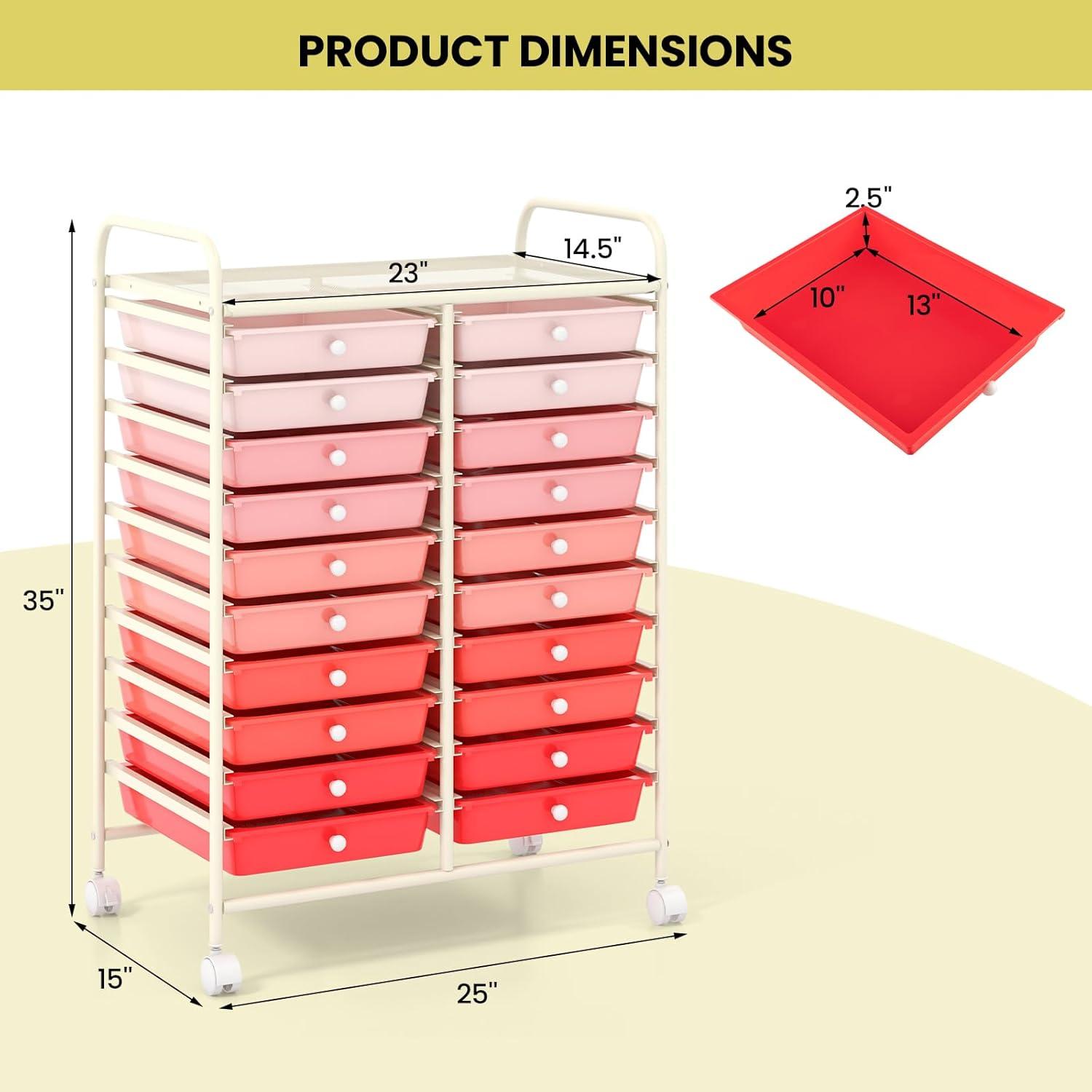 image:imageGiantex 20Drawer Storage Drawer Cart Rolling Organizer Cart for Office School Tools Scrapbook Paper Utility Rack on Wheels MulticolorPink Gradient