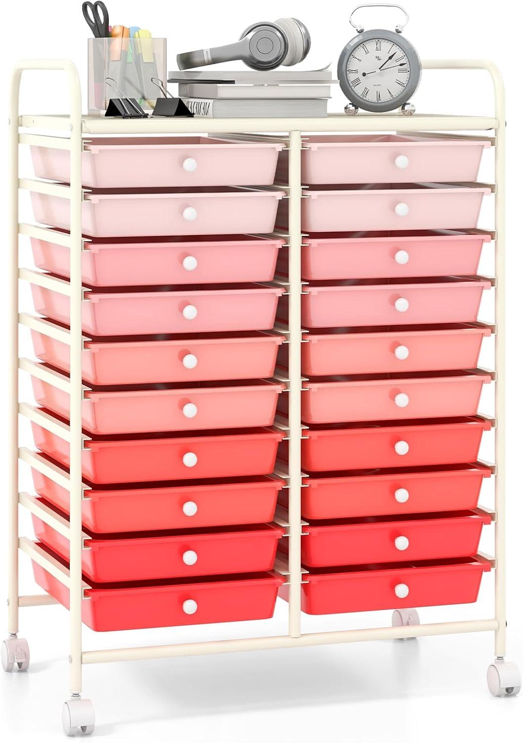 image:imageGiantex 20Drawer Storage Drawer Cart Rolling Organizer Cart for Office School Tools Scrapbook Paper Utility Rack on Wheels MulticolorPink Gradient