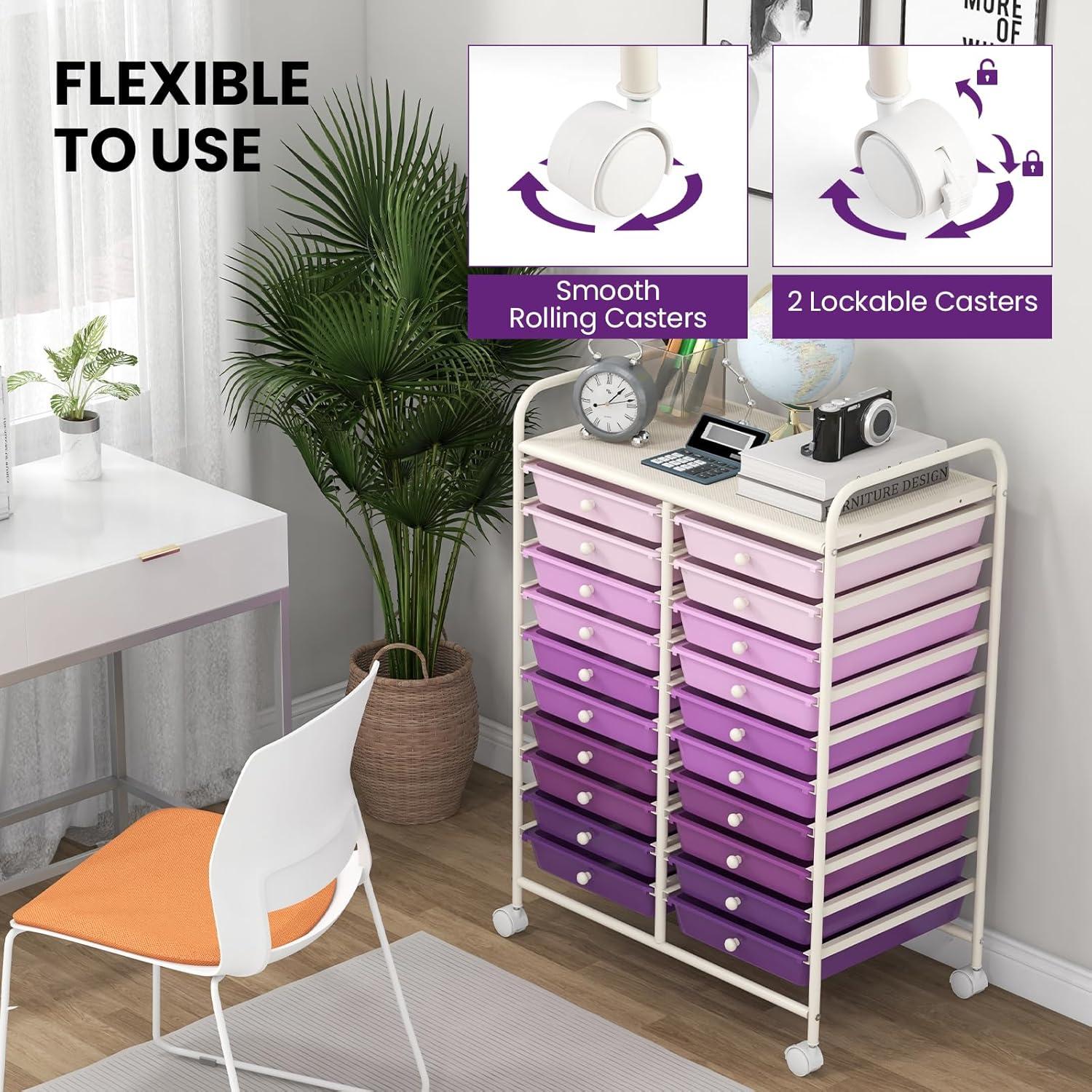 image:imageGiantex 20Drawer Storage Drawer Cart Rolling Organizer Cart for Office School Tools Scrapbook Paper Utility Rack on Wheels MulticolorPurple Gradient