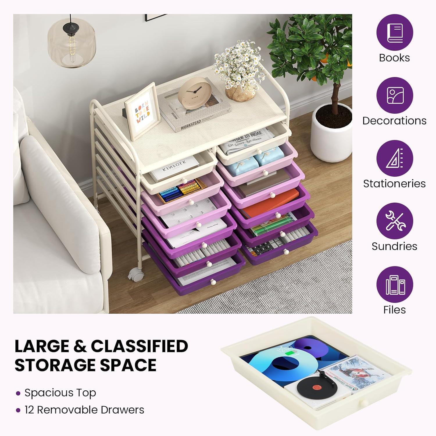 image:imageGiantex 20Drawer Storage Drawer Cart Rolling Organizer Cart for Office School Tools Scrapbook Paper Utility Rack on Wheels MulticolorPurple Gradient