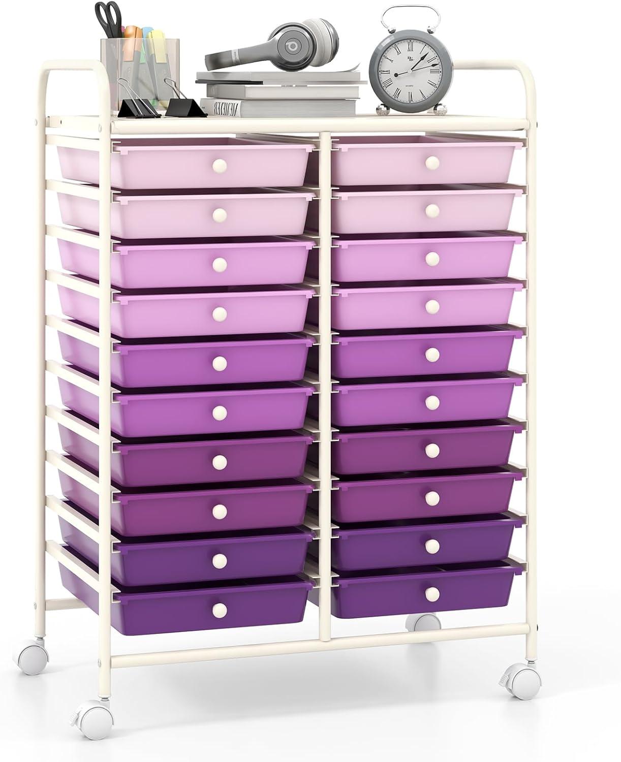 image:imageGiantex 20Drawer Storage Drawer Cart Rolling Organizer Cart for Office School Tools Scrapbook Paper Utility Rack on Wheels MulticolorPurple Gradient