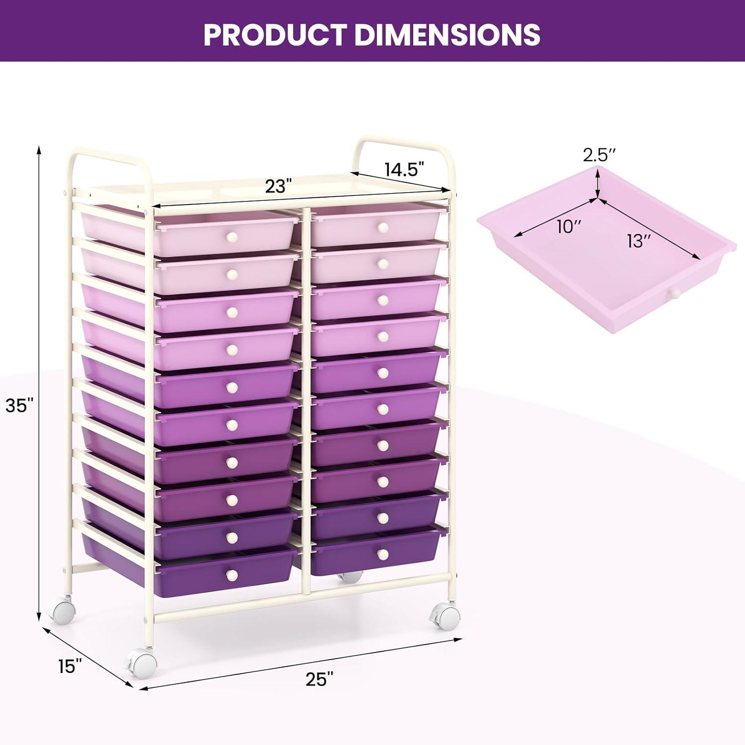 image:imageGiantex 20Drawer Storage Drawer Cart Rolling Organizer Cart for Office School Tools Scrapbook Paper Utility Rack on Wheels MulticolorPurple Gradient
