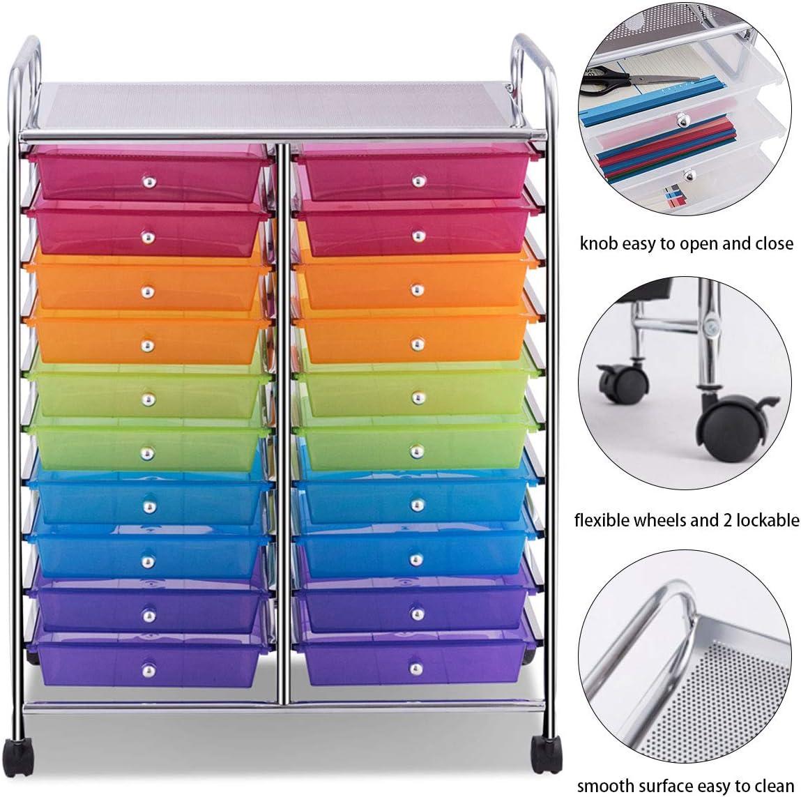 image:imageGiantex 20Drawer Storage Drawer Cart Rolling Organizer Cart for Office School Tools Scrapbook Paper Utility Rack on Wheels MulticolorRainbow