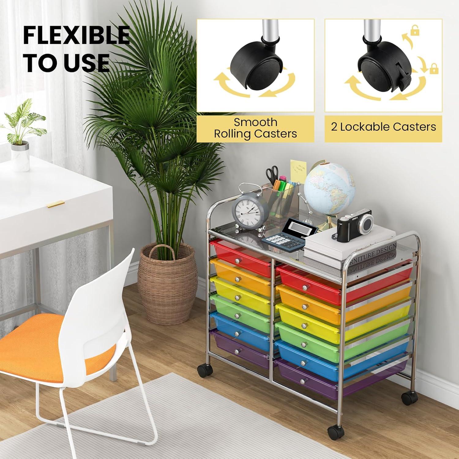 image:imageGiantex 20Drawer Storage Drawer Cart Rolling Organizer Cart for Office School Tools Scrapbook Paper Utility Rack on Wheels MulticolorRainbow