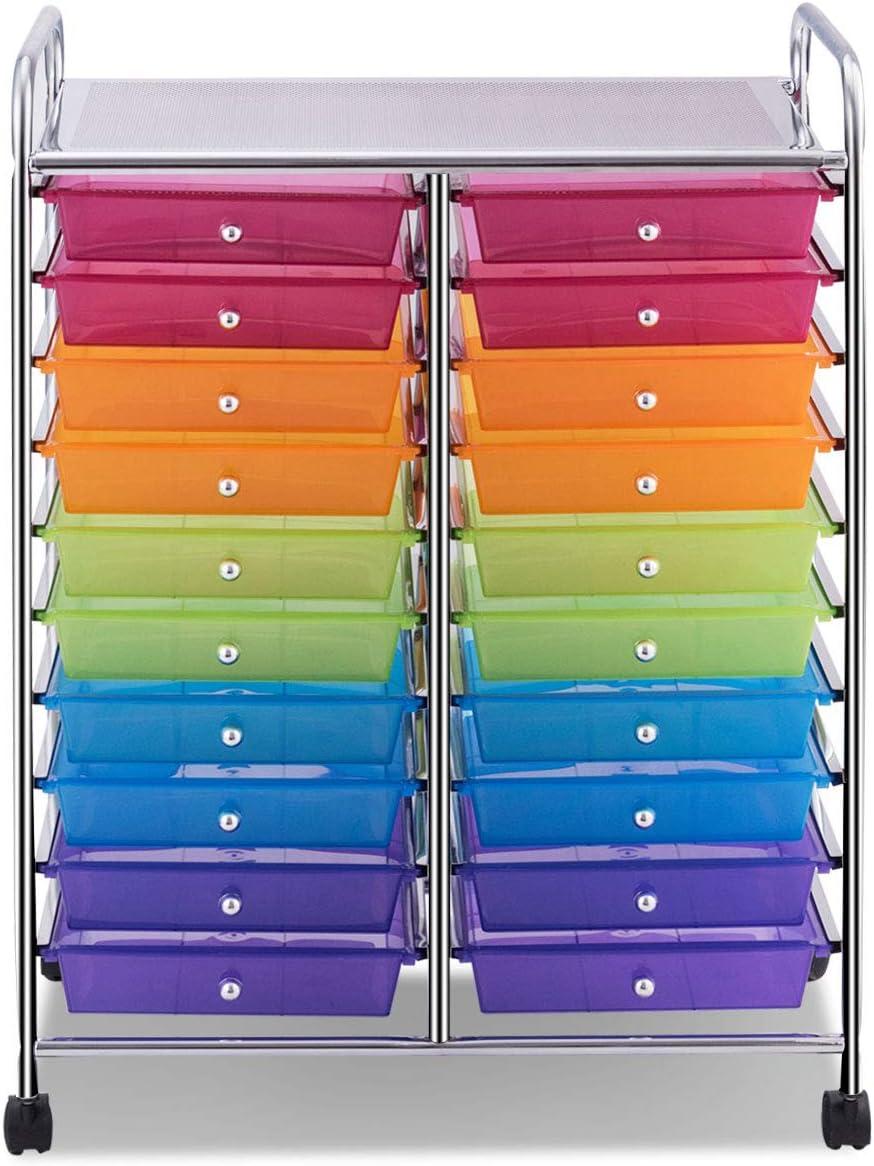image:imageGiantex 20Drawer Storage Drawer Cart Rolling Organizer Cart for Office School Tools Scrapbook Paper Utility Rack on Wheels MulticolorRainbow