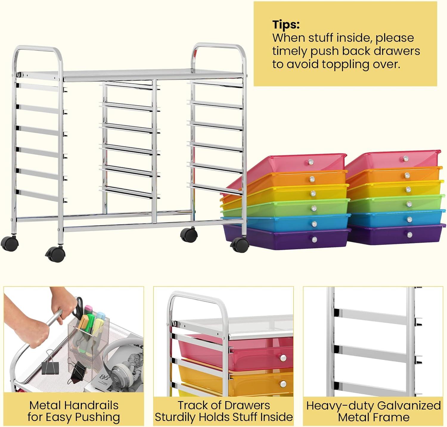 image:imageGiantex 20Drawer Storage Drawer Cart Rolling Organizer Cart for Office School Tools Scrapbook Paper Utility Rack on Wheels MulticolorRainbow