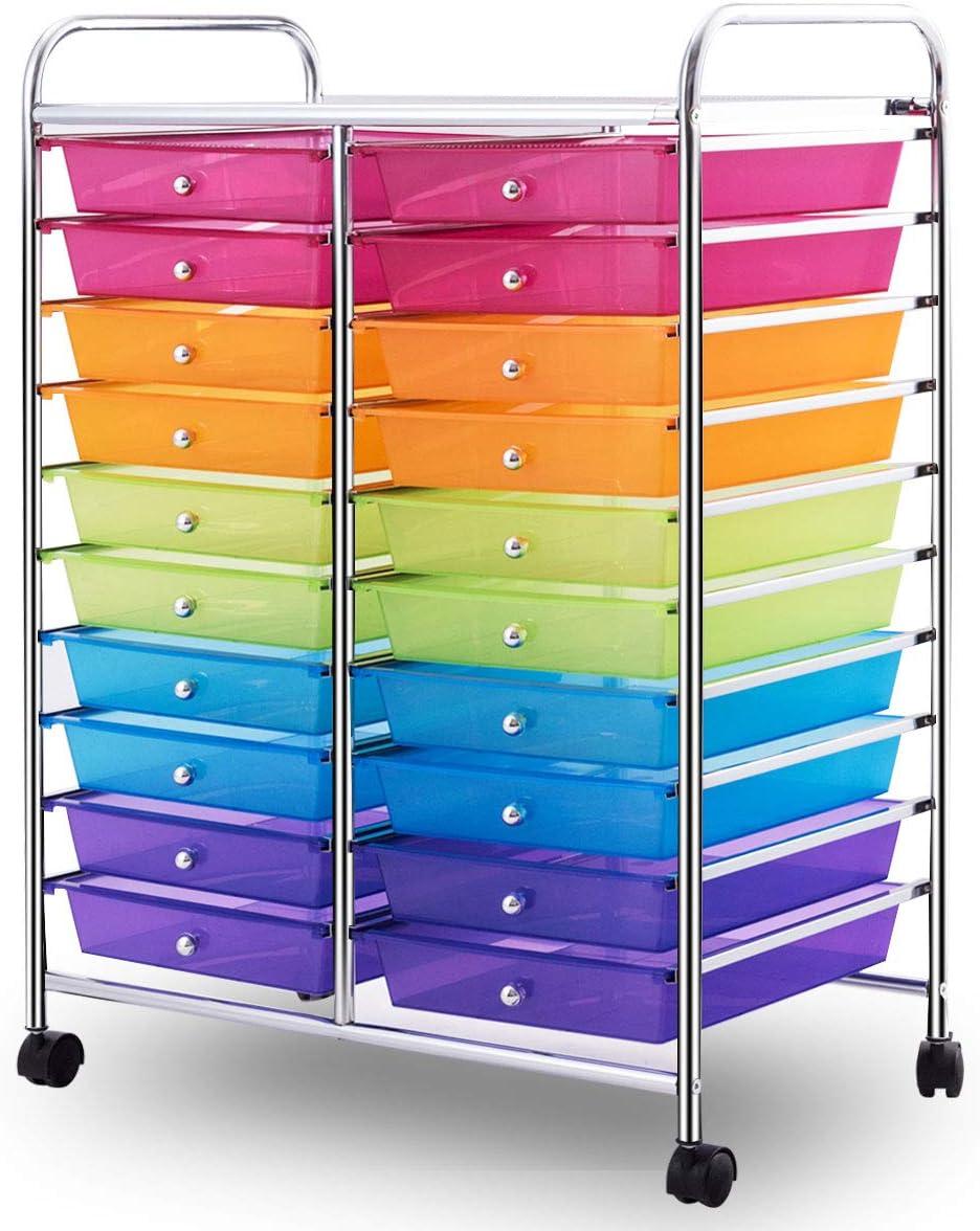 image:imageGiantex 20Drawer Storage Drawer Cart Rolling Organizer Cart for Office School Tools Scrapbook Paper Utility Rack on Wheels MulticolorRainbow