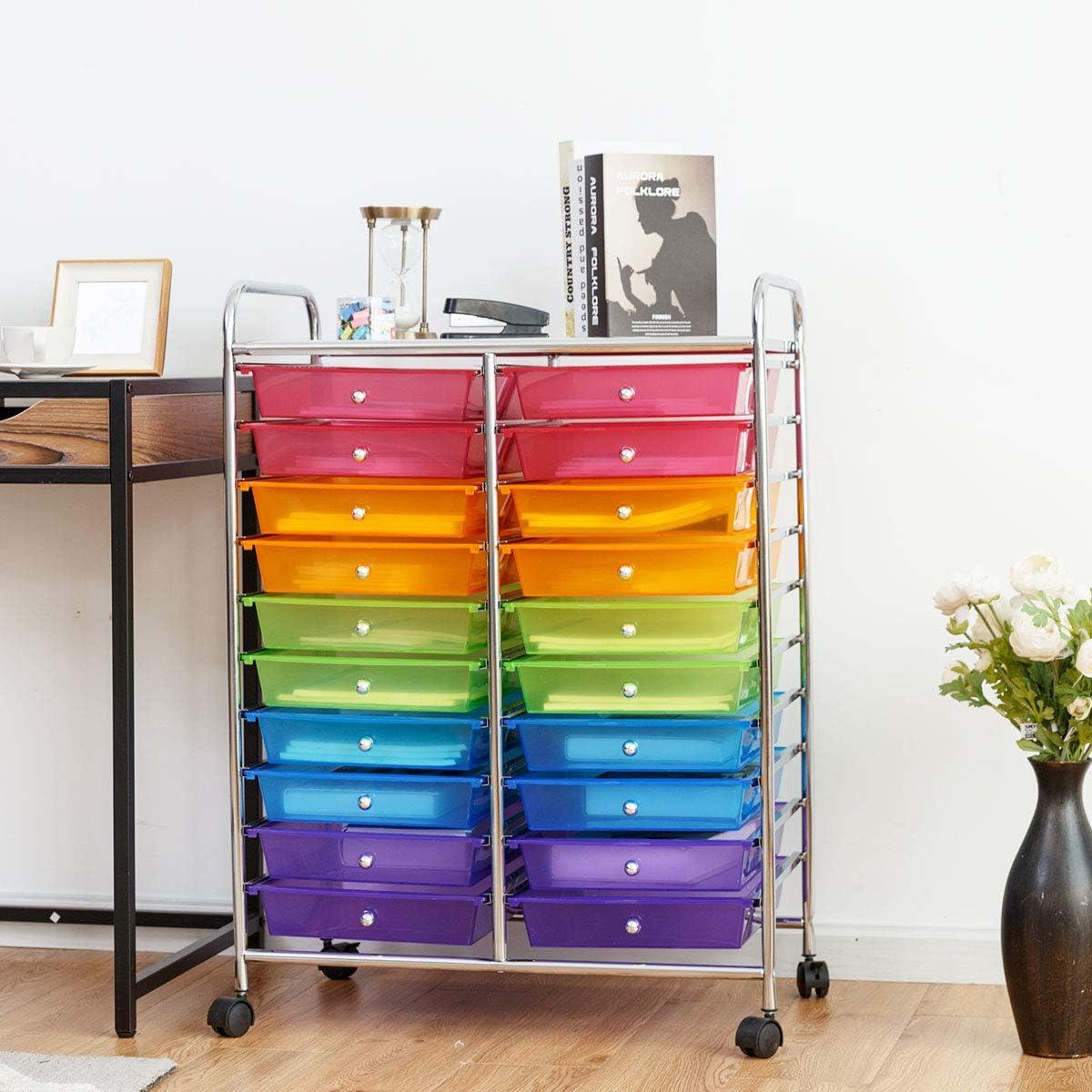 image:imageGiantex 20Drawer Storage Drawer Cart Rolling Organizer Cart for Office School Tools Scrapbook Paper Utility Rack on Wheels MulticolorRainbow