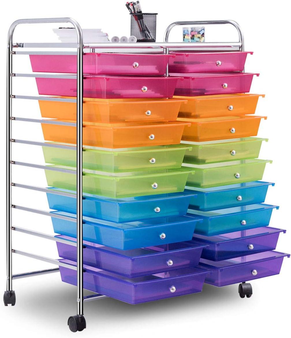 image:imageGiantex 20Drawer Storage Drawer Cart Rolling Organizer Cart for Office School Tools Scrapbook Paper Utility Rack on Wheels MulticolorRainbow