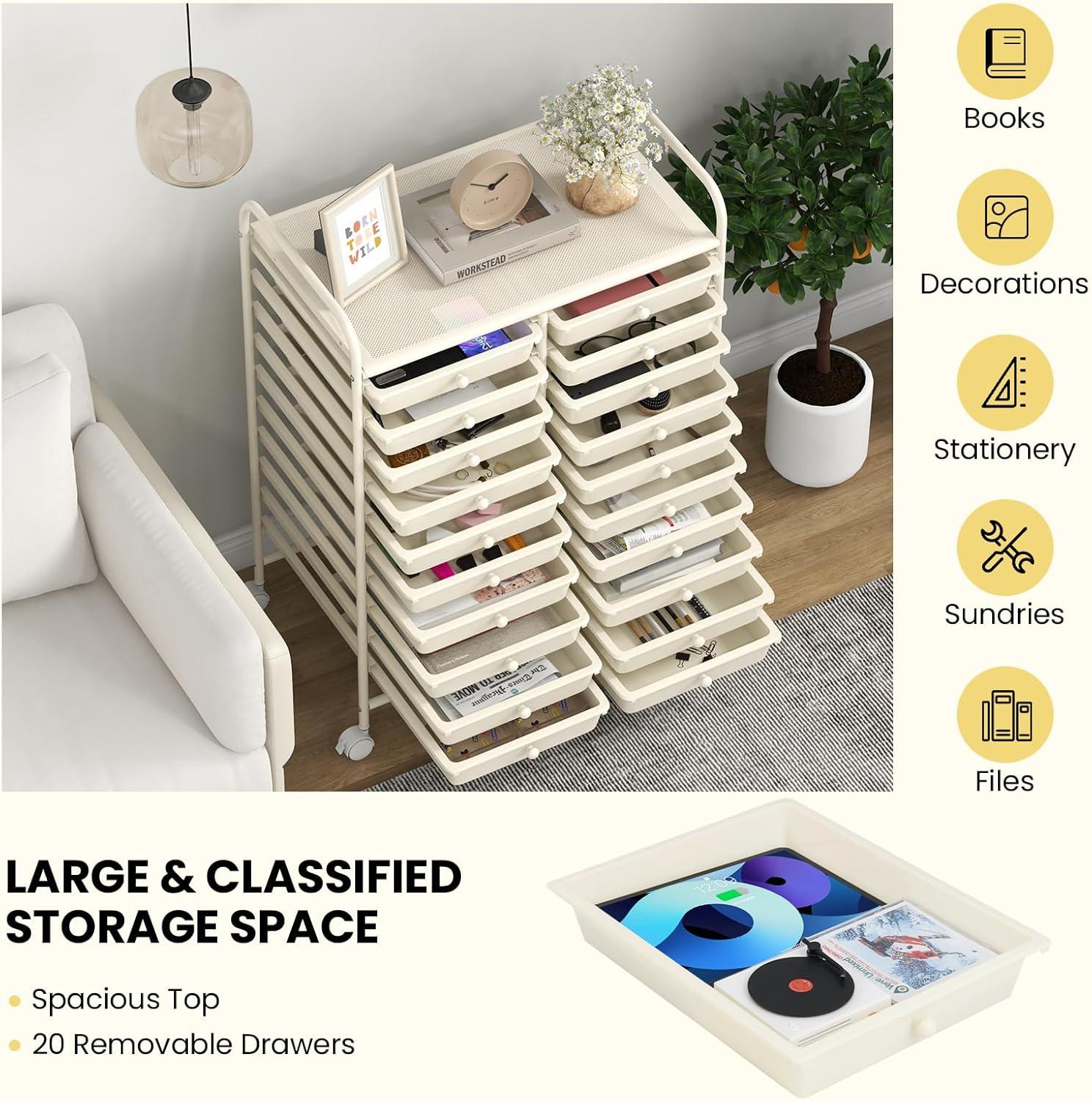 image:imageGiantex 20Drawer Storage Drawer Cart Rolling Organizer Cart for Office School Tools Scrapbook Paper Utility Rack on Wheels MulticolorWhite