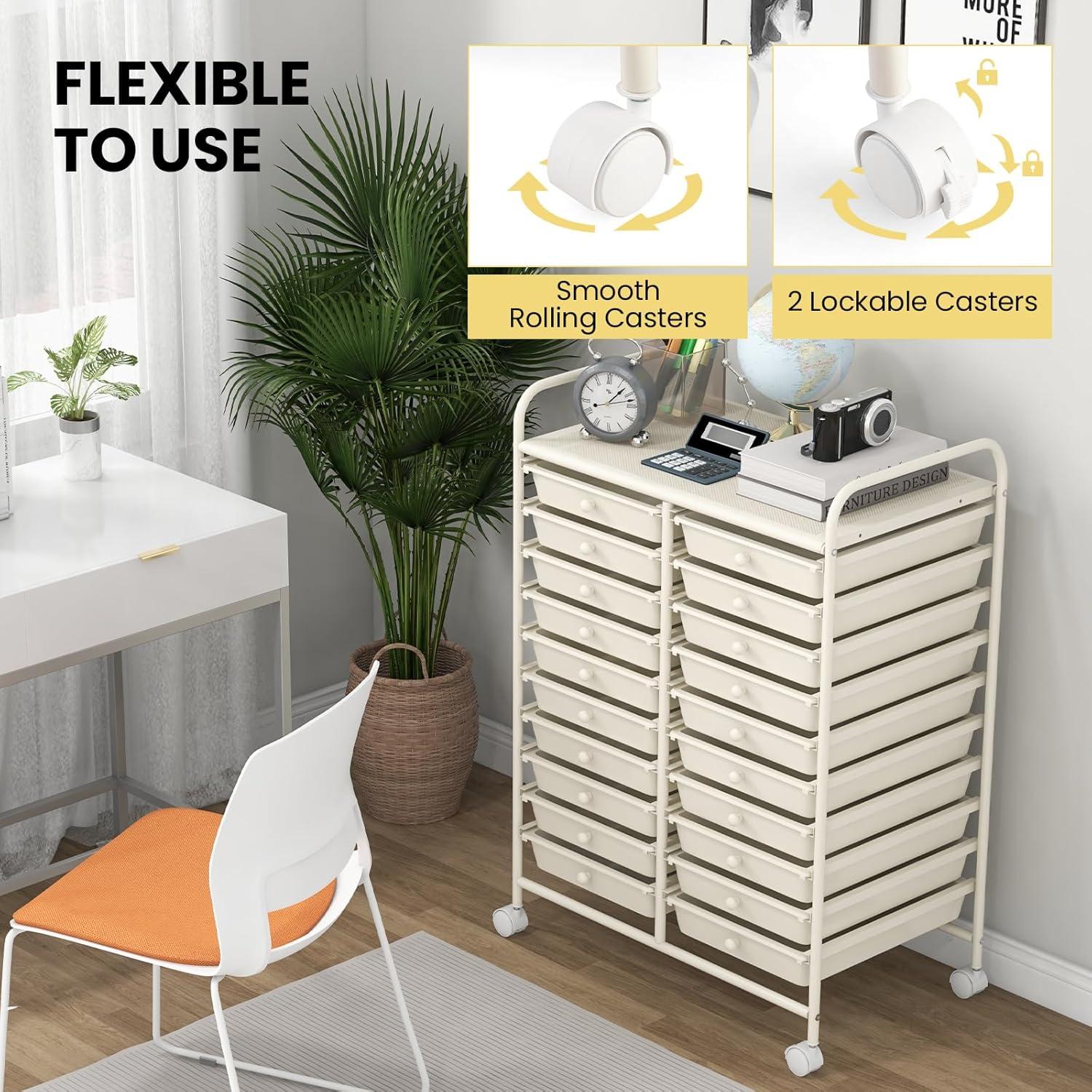 image:imageGiantex 20Drawer Storage Drawer Cart Rolling Organizer Cart for Office School Tools Scrapbook Paper Utility Rack on Wheels MulticolorWhite