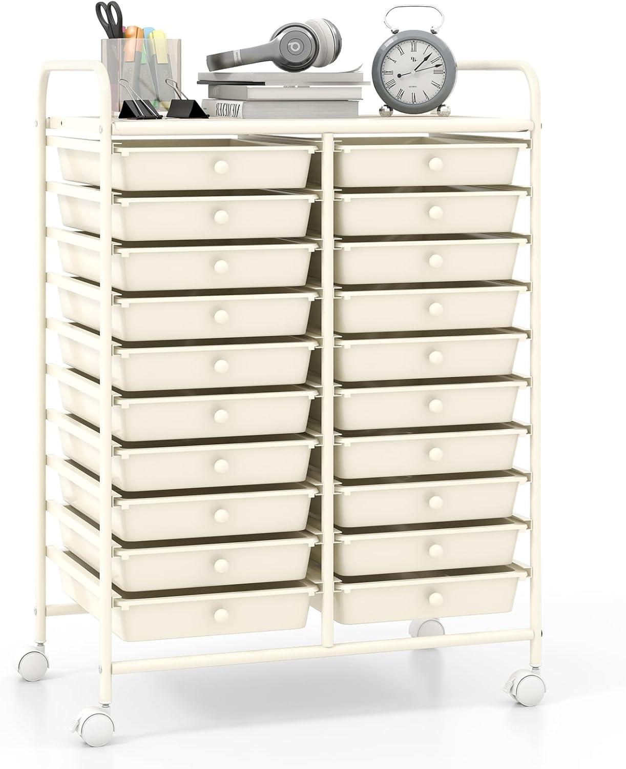 image:imageGiantex 20Drawer Storage Drawer Cart Rolling Organizer Cart for Office School Tools Scrapbook Paper Utility Rack on Wheels MulticolorWhite