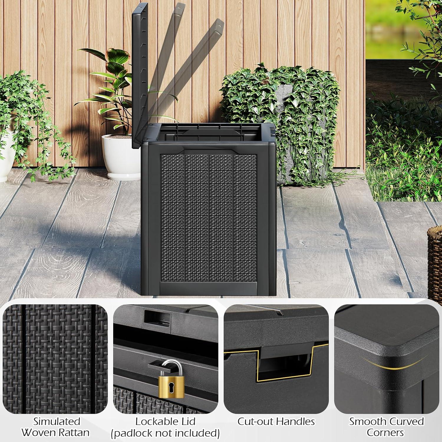image:imageGiantex 25 Gallon Outdoor Storage Box Patio Deck Box with Lockable Lid Wickerwoven Texture Waterproof Storage Bench for Pool Accessories Garden Tools Package Delivery Patio Furniture BlackBlack