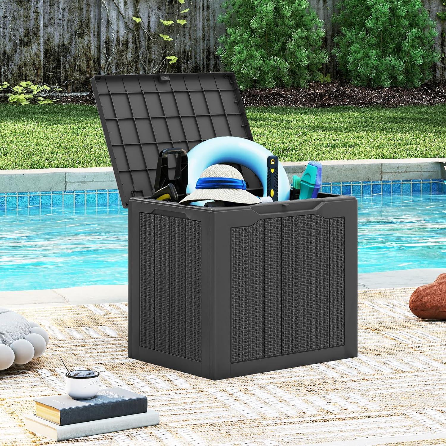 image:imageGiantex 25 Gallon Outdoor Storage Box Patio Deck Box with Lockable Lid Wickerwoven Texture Waterproof Storage Bench for Pool Accessories Garden Tools Package Delivery Patio Furniture BlackBlack