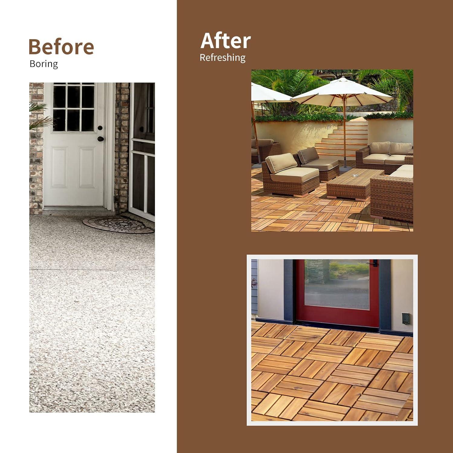 image:imageGiantex 27 PCS Interlocking Patio Deck Tiles 12 x 12in Acacia Hardwood Floor Tiles Tools Free Assembly 27 sq Ft Wood Composite Deck Flooring Pavers for Outdoor amp Indoor Checker Pattern10 PCS