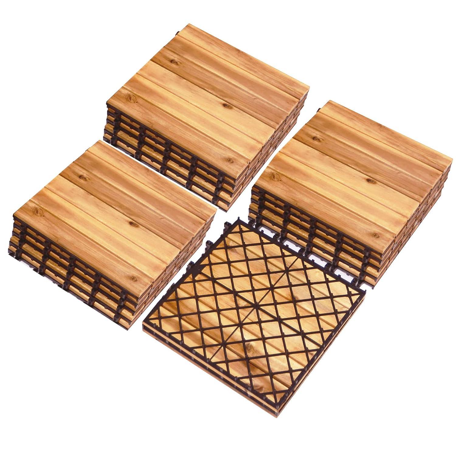 image:imageGiantex 27 PCS Interlocking Patio Deck Tiles 12 x 12in Acacia Hardwood Floor Tiles Tools Free Assembly 27 sq Ft Wood Composite Deck Flooring Pavers for Outdoor amp Indoor Checker Pattern20 PCS