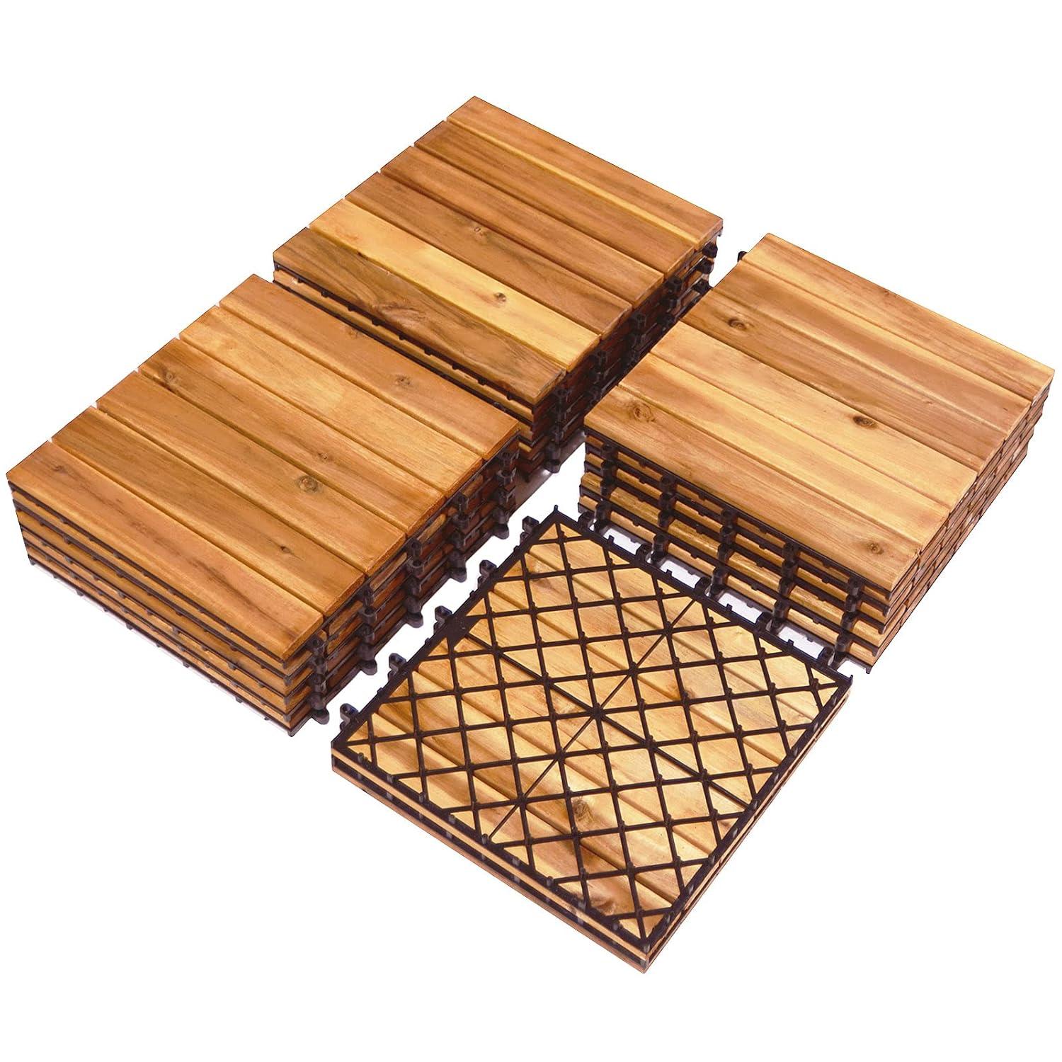 image:imageGiantex 27 PCS Interlocking Patio Deck Tiles 12 x 12in Acacia Hardwood Floor Tiles Tools Free Assembly 27 sq Ft Wood Composite Deck Flooring Pavers for Outdoor amp Indoor Checker Pattern27 PCS