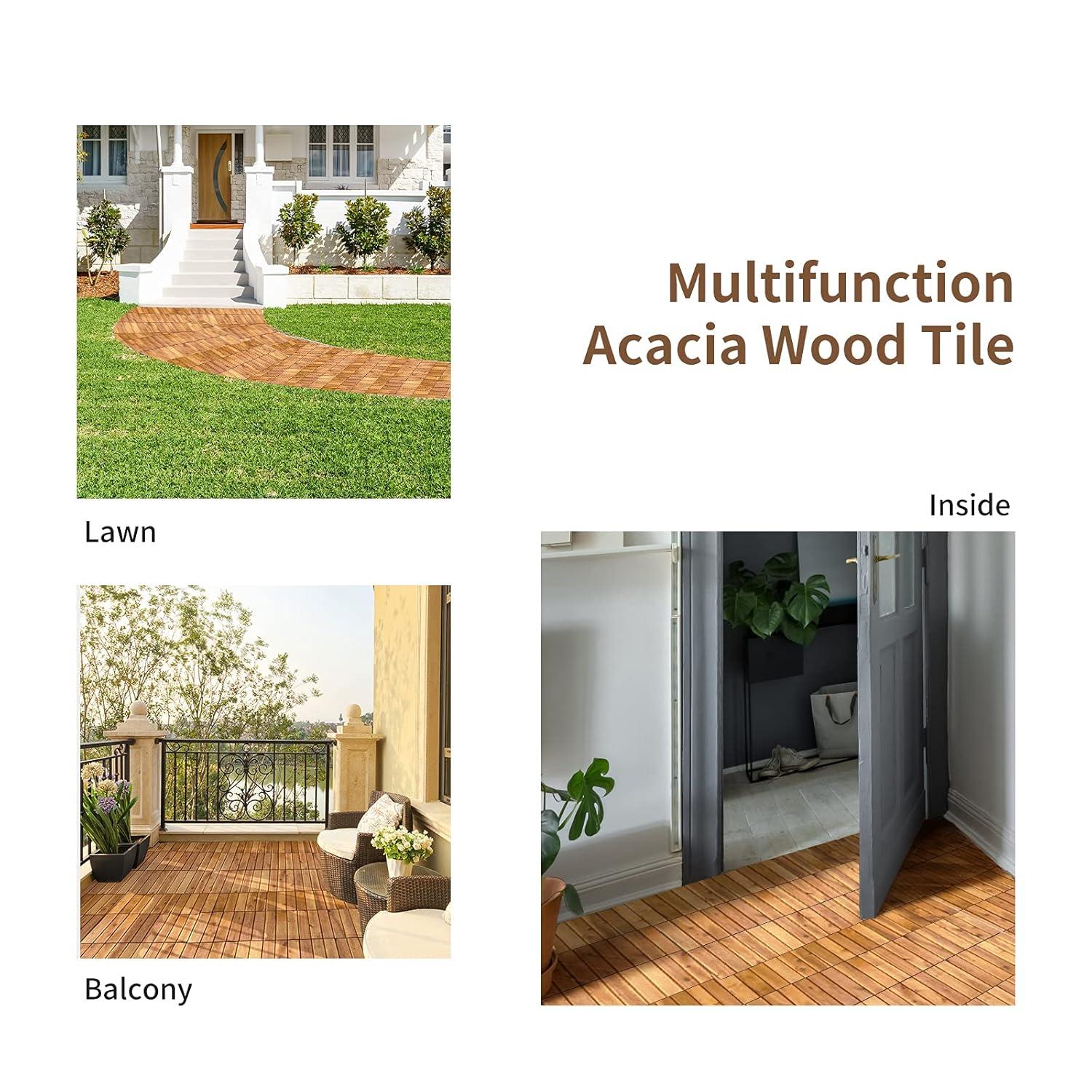 image:imageGiantex 27 PCS Interlocking Patio Deck Tiles 12 x 12in Acacia Hardwood Floor Tiles Tools Free Assembly 27 sq Ft Wood Composite Deck Flooring Pavers for Outdoor amp Indoor Checker Pattern10 PCS