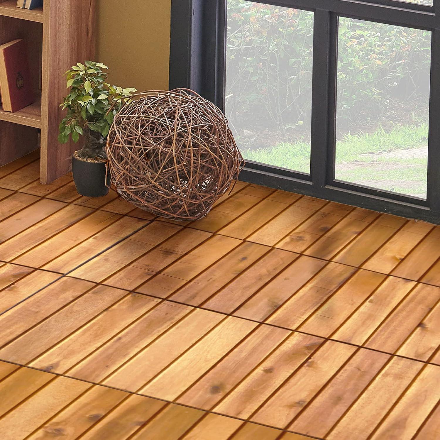 image:imageGiantex 27 PCS Interlocking Patio Deck Tiles 12 x 12in Acacia Hardwood Floor Tiles Tools Free Assembly 27 sq Ft Wood Composite Deck Flooring Pavers for Outdoor amp Indoor Checker Pattern27 PCS
