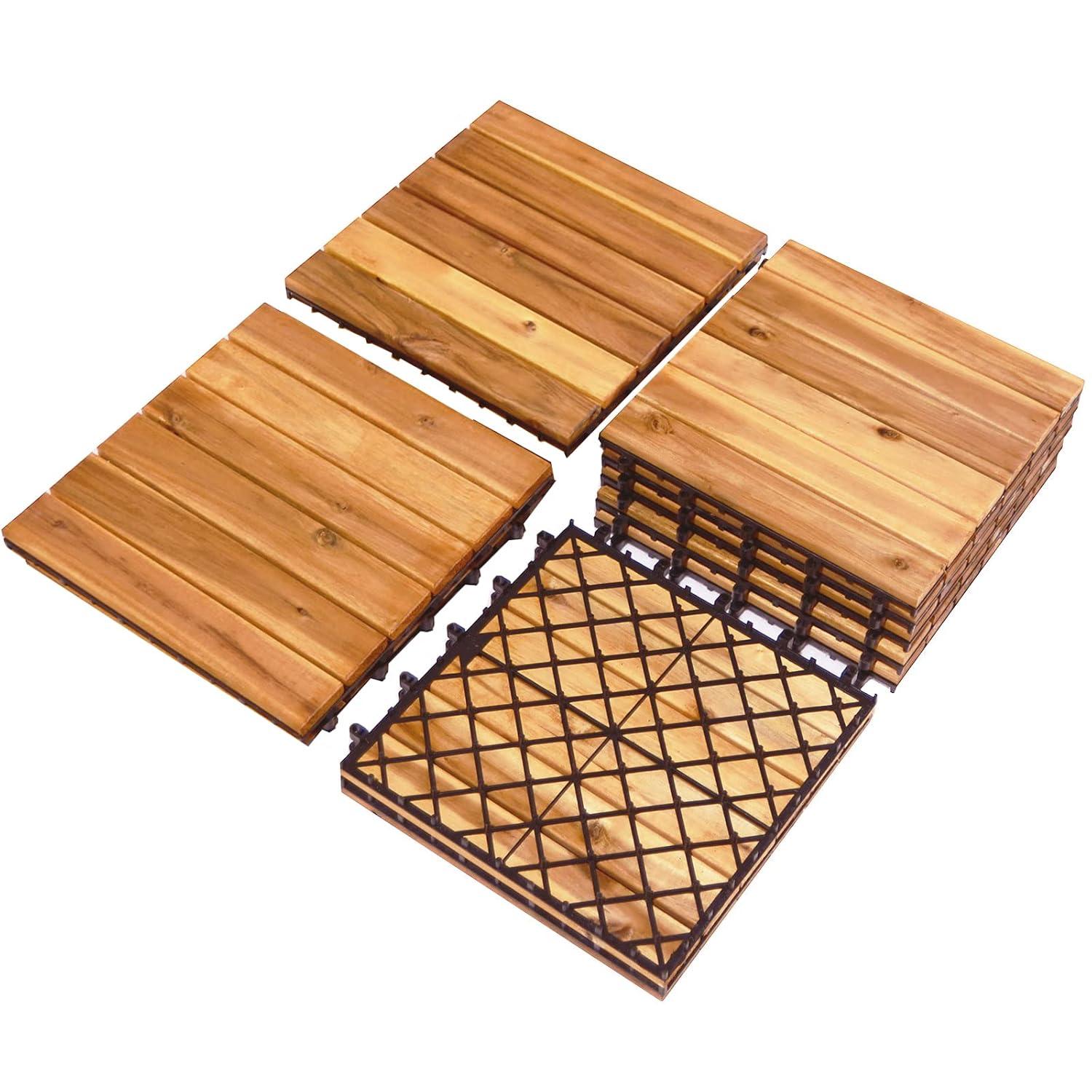 image:imageGiantex 27 PCS Interlocking Patio Deck Tiles 12 x 12in Acacia Hardwood Floor Tiles Tools Free Assembly 27 sq Ft Wood Composite Deck Flooring Pavers for Outdoor amp Indoor Checker Pattern10 PCS