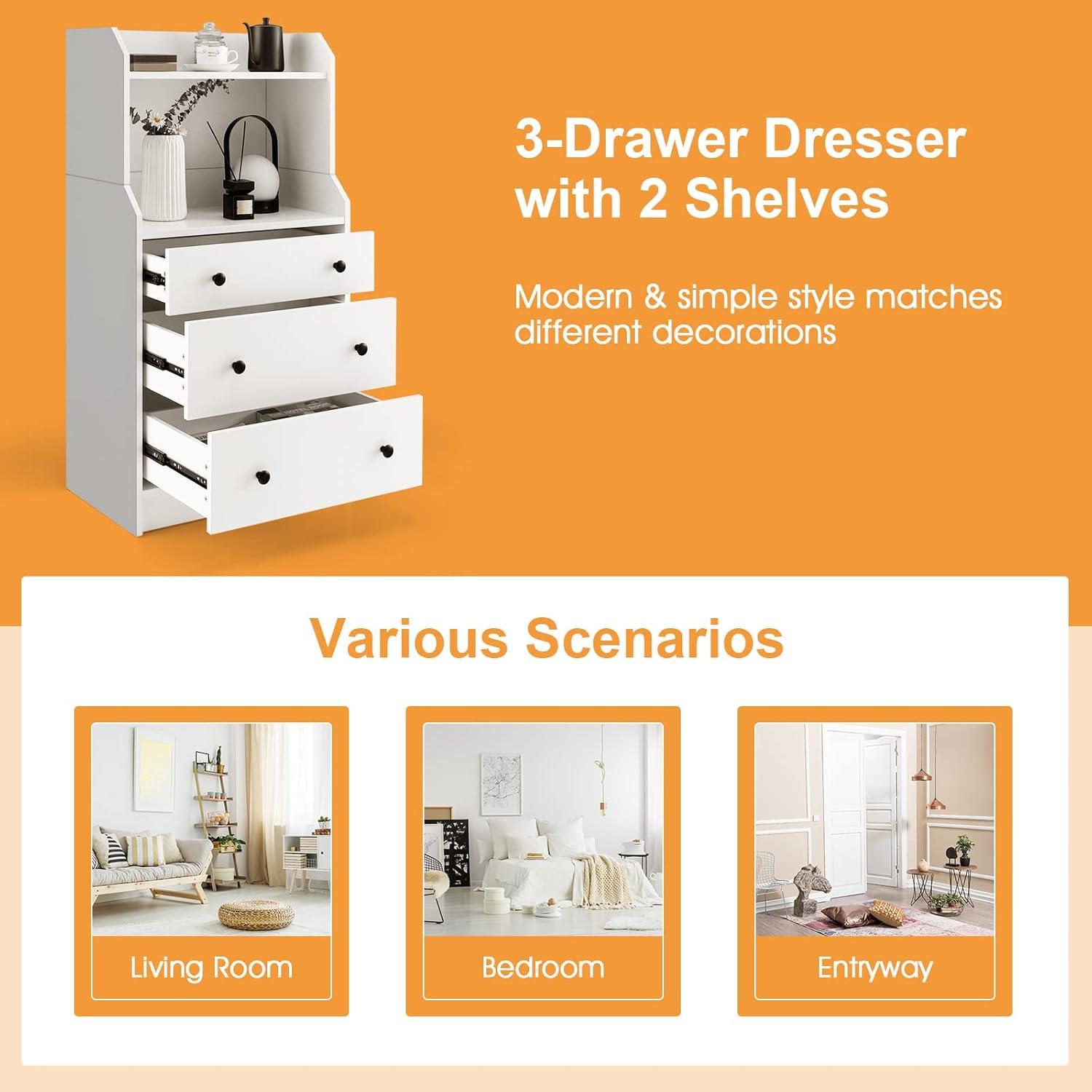 image:imageGiantex 3 Drawers Dresser for Bedroom Modern Storage Dresser Chest of Drawers with 2 Shelves 3 PullOut Drawers Tall Nightstand with Antitoppling Device for Bedroom Living Room Entryway WalnutWhite