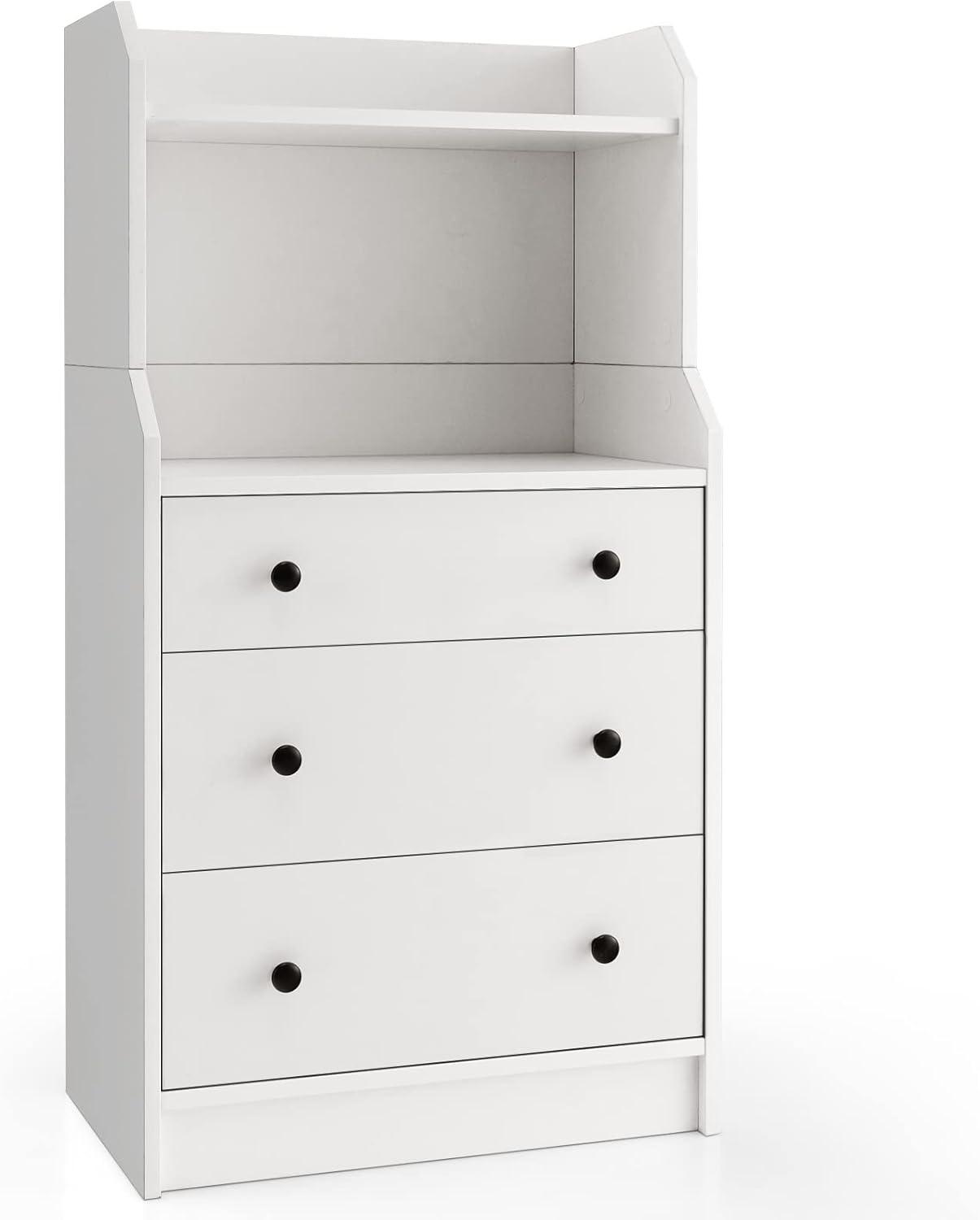 image:imageGiantex 3 Drawers Dresser for Bedroom Modern Storage Dresser Chest of Drawers with 2 Shelves 3 PullOut Drawers Tall Nightstand with Antitoppling Device for Bedroom Living Room Entryway WalnutWhite