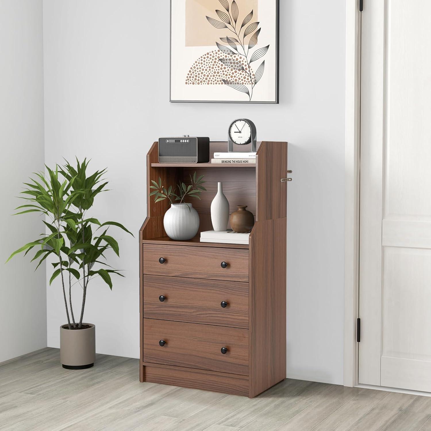 image:imageGiantex 3 Drawers Dresser for Bedroom Modern Storage Dresser Chest of Drawers with 2 Shelves 3 PullOut Drawers Tall Nightstand with Antitoppling Device for Bedroom Living Room Entryway WalnutWalnut