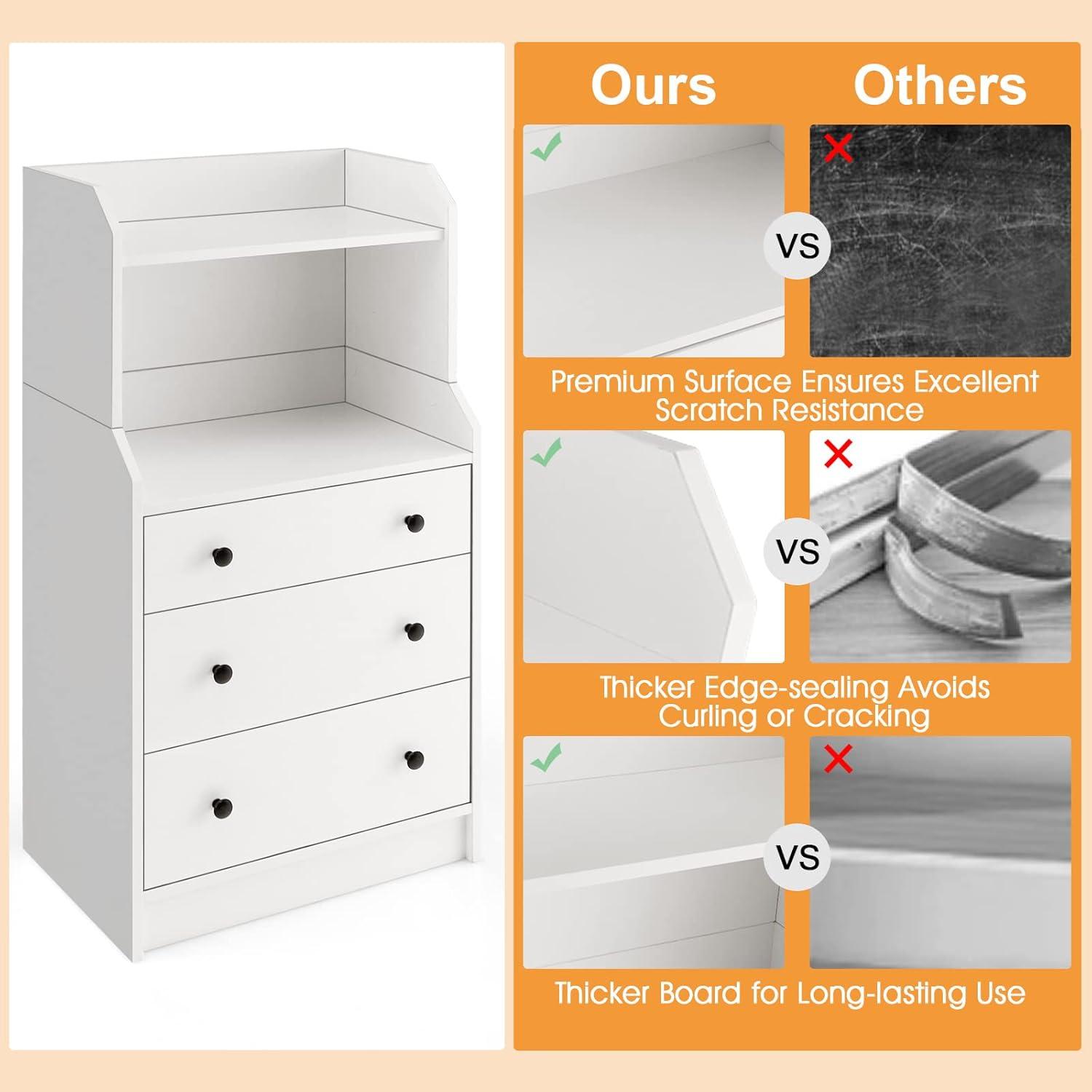 image:imageGiantex 3 Drawers Dresser for Bedroom Modern Storage Dresser Chest of Drawers with 2 Shelves 3 PullOut Drawers Tall Nightstand with Antitoppling Device for Bedroom Living Room Entryway WalnutWhite