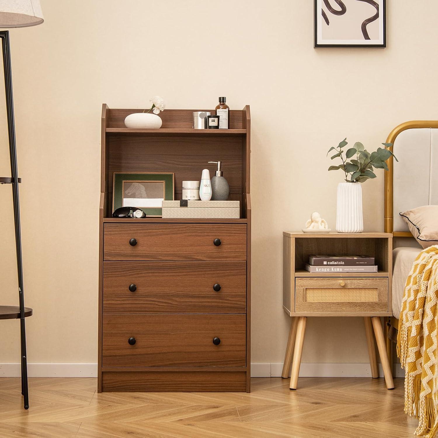 image:imageGiantex 3 Drawers Dresser for Bedroom Modern Storage Dresser Chest of Drawers with 2 Shelves 3 PullOut Drawers Tall Nightstand with Antitoppling Device for Bedroom Living Room Entryway WalnutWalnut