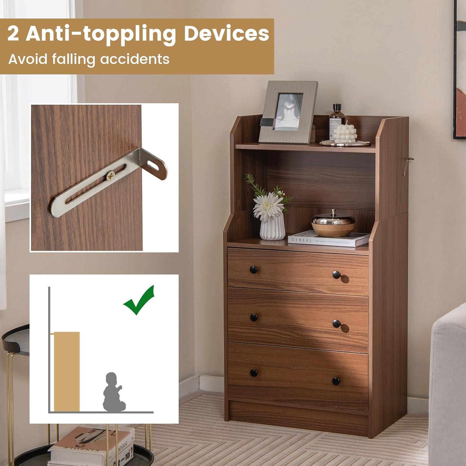 image:imageGiantex 3 Drawers Dresser for Bedroom Modern Storage Dresser Chest of Drawers with 2 Shelves 3 PullOut Drawers Tall Nightstand with Antitoppling Device for Bedroom Living Room Entryway WalnutWalnut