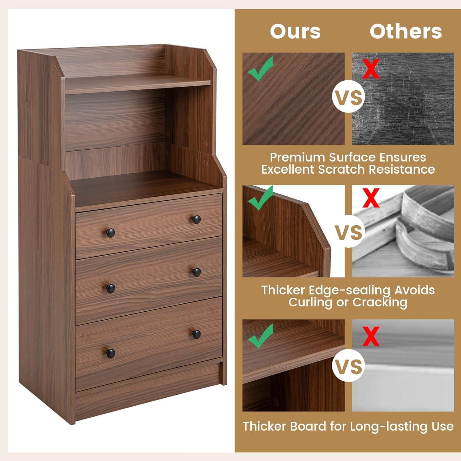 image:imageGiantex 3 Drawers Dresser for Bedroom Modern Storage Dresser Chest of Drawers with 2 Shelves 3 PullOut Drawers Tall Nightstand with Antitoppling Device for Bedroom Living Room Entryway WalnutWalnut