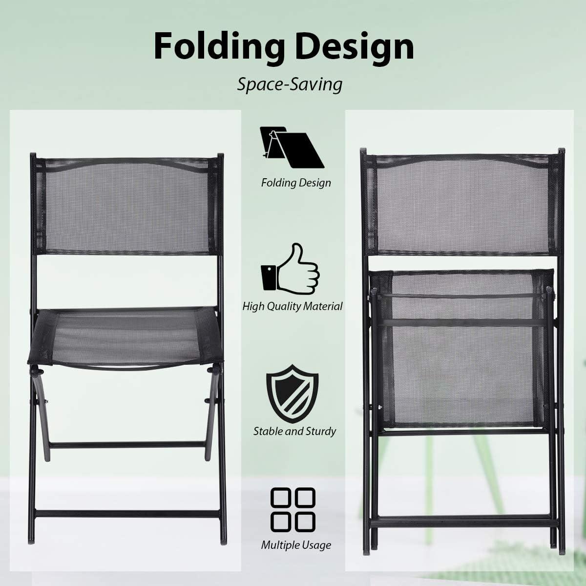 image:imageGiantex 3 Pcs Bistro Set Garden Backyard Round Table Folding Chairs with RustProof Steel Frames amp Reinforced Glass Design Outdoor Patio Furniture BlackRound Table 235Dx 28H