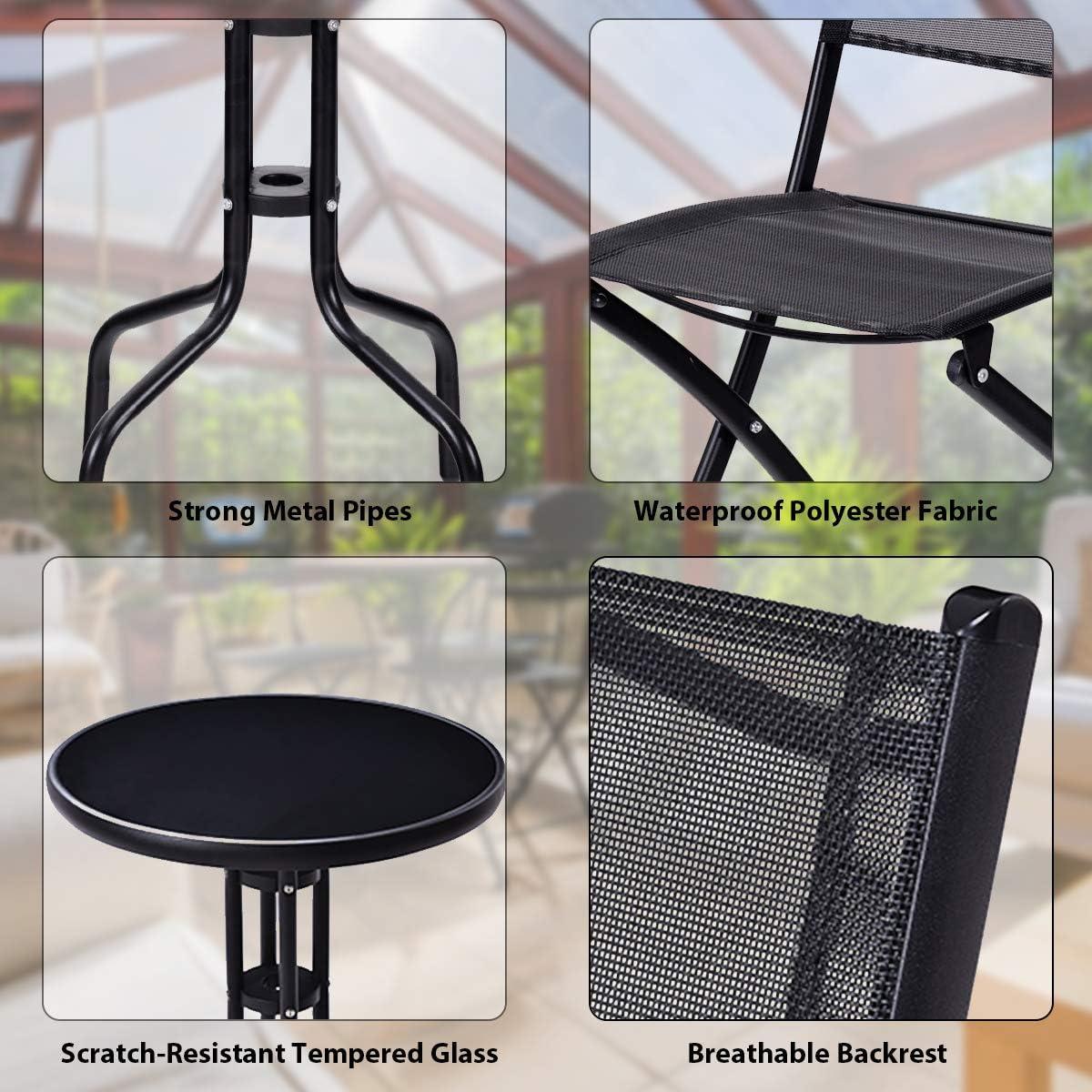 image:imageGiantex 3 Pcs Bistro Set Garden Backyard Round Table Folding Chairs with RustProof Steel Frames amp Reinforced Glass Design Outdoor Patio Furniture BlackRound Table 235Dx 28H