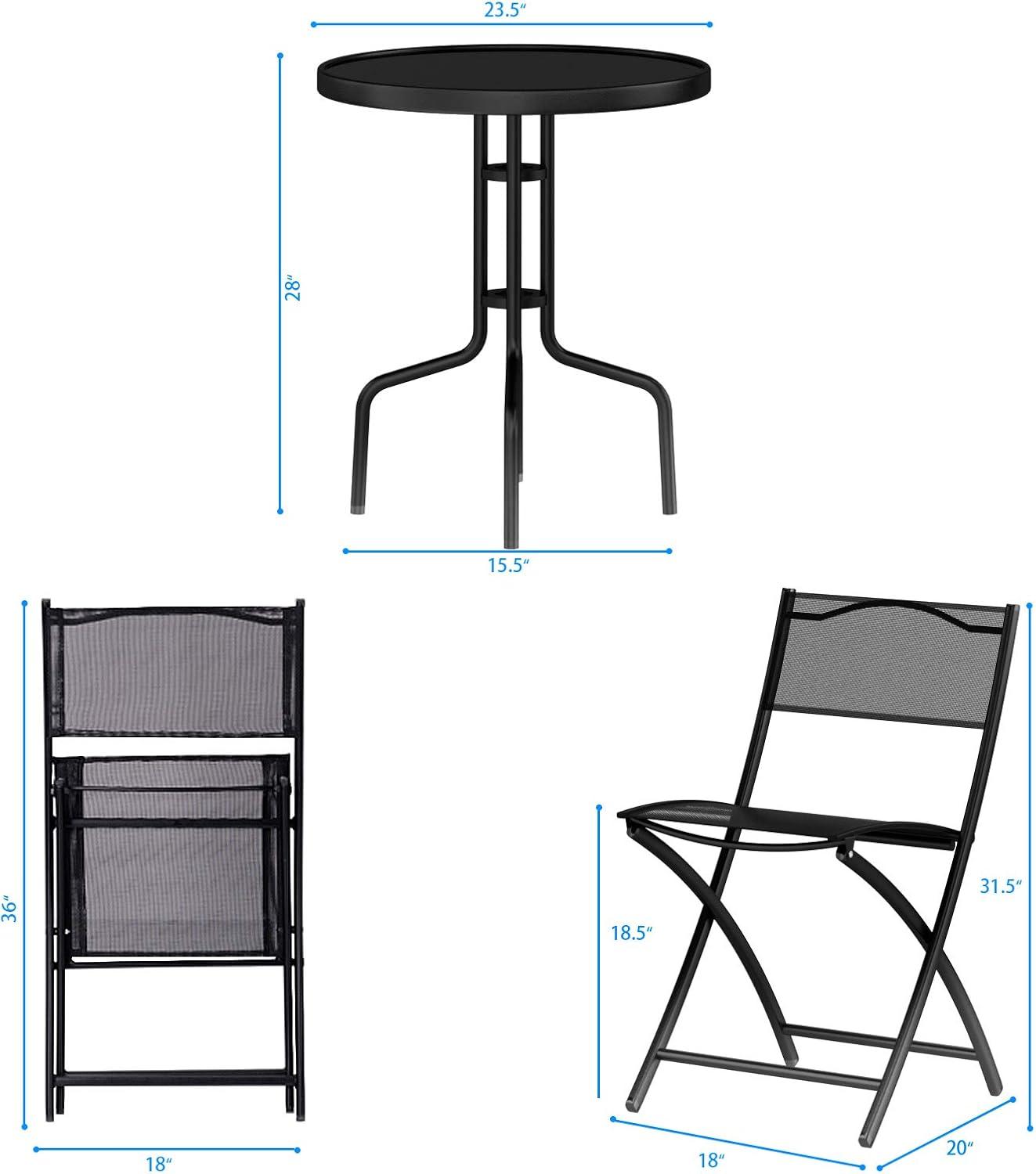 image:imageGiantex 3 Pcs Bistro Set Garden Backyard Round Table Folding Chairs with RustProof Steel Frames amp Reinforced Glass Design Outdoor Patio Furniture BlackRound Table 235Dx 28H