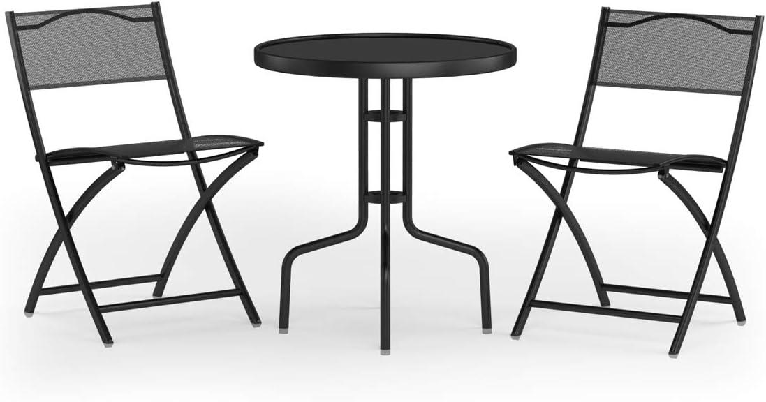 image:imageGiantex 3 Pcs Bistro Set Garden Backyard Round Table Folding Chairs with RustProof Steel Frames amp Reinforced Glass Design Outdoor Patio Furniture BlackRound Table 235Dx 28H