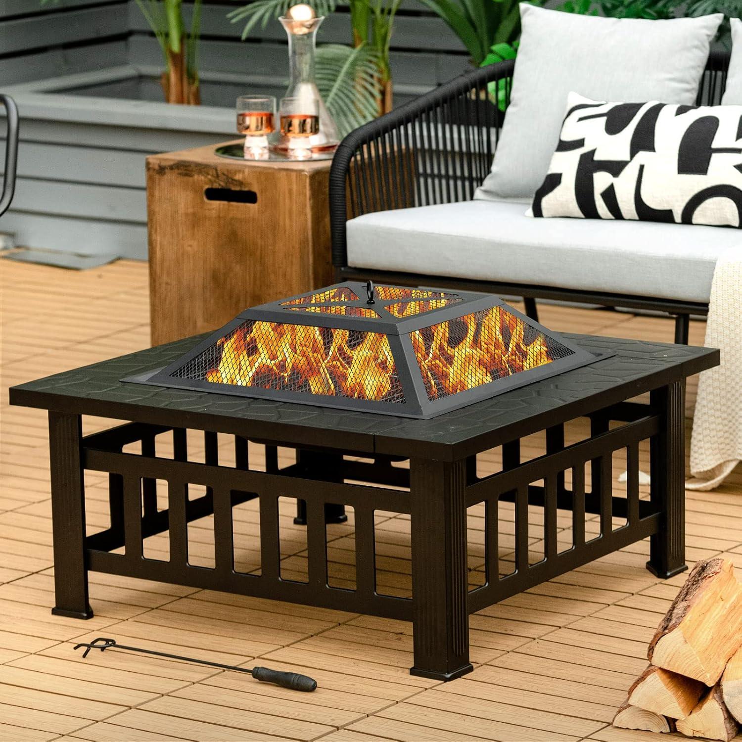 image:imageGiantex 32 Outdoor Fire Pit 3 in 1 Square Wood Burning Fire Table Multifunctional Firepit for Outside Patio Backyard Porch Garden Bonfire Stove Fireplace with Rain Cover for Picnic Camping