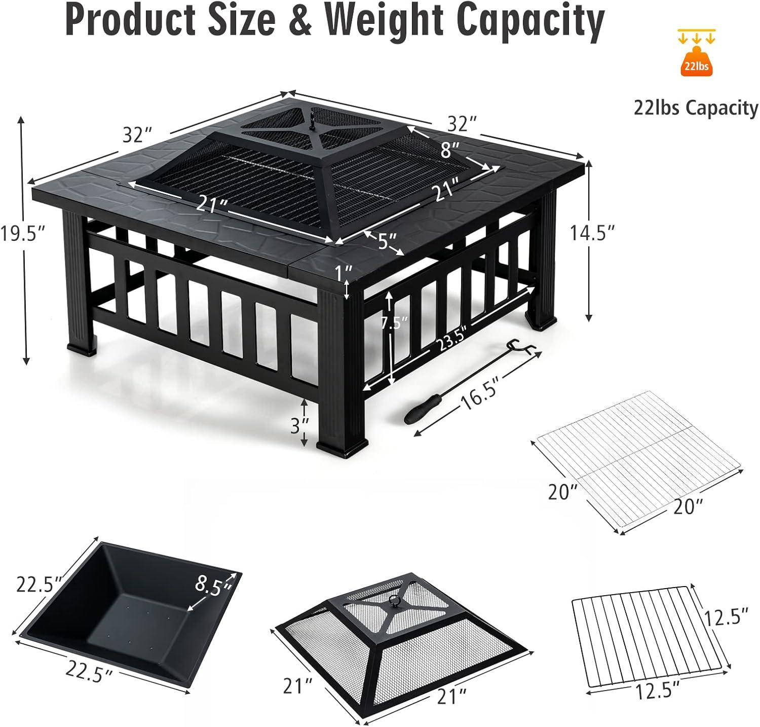 image:imageGiantex 32 Outdoor Fire Pit 3 in 1 Square Wood Burning Fire Table Multifunctional Firepit for Outside Patio Backyard Porch Garden Bonfire Stove Fireplace with Rain Cover for Picnic Camping