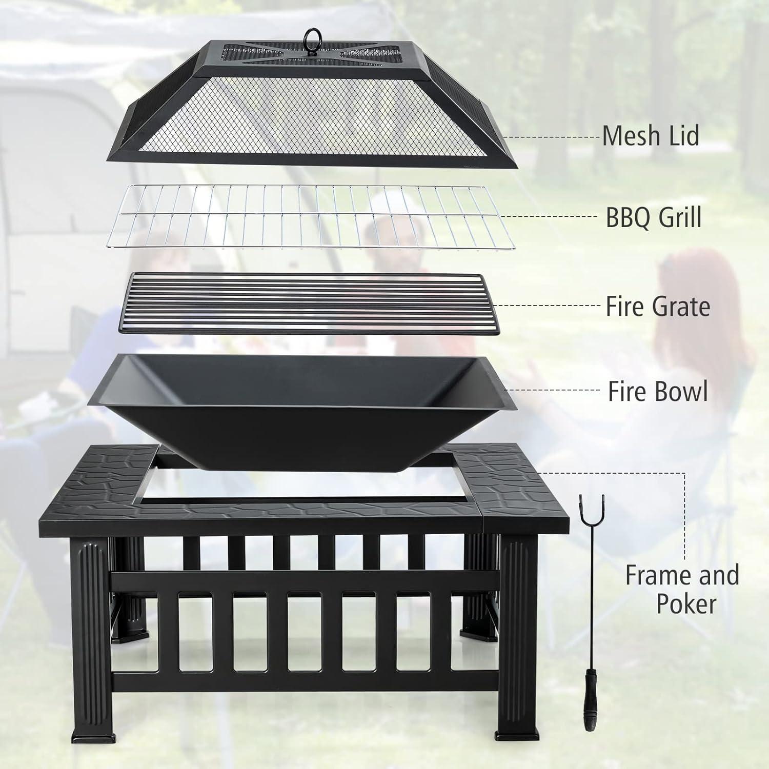 image:imageGiantex 32 Outdoor Fire Pit 3 in 1 Square Wood Burning Fire Table Multifunctional Firepit for Outside Patio Backyard Porch Garden Bonfire Stove Fireplace with Rain Cover for Picnic Camping