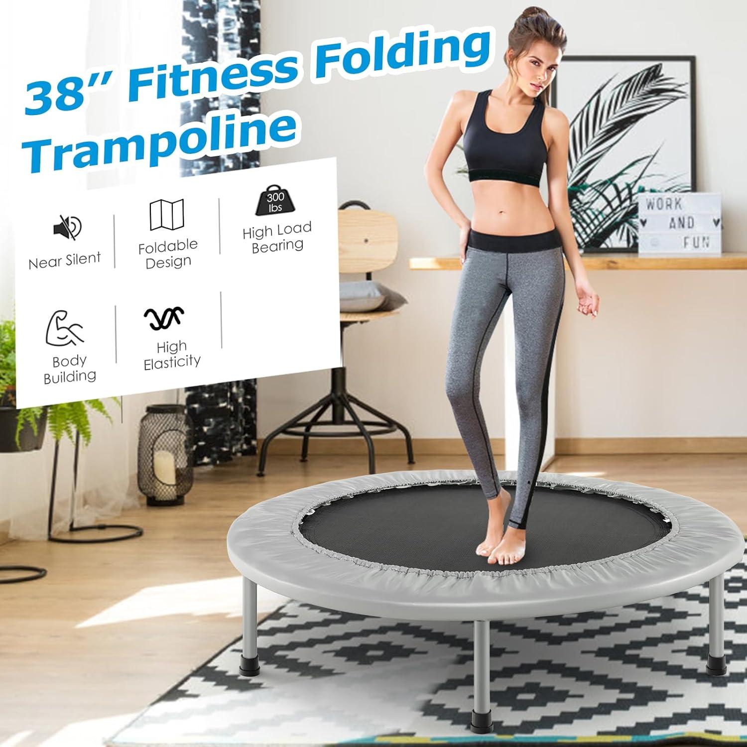 image:imageGiantex 36 38 Foldable Rebounder Trampoline for Adults Stable amp Quiet Small Exercise Trampoline with Safety Pad Indoor Outdoor Mini Fitness Trampoline for Adults Kids Workout Max Load 330lbsGrey