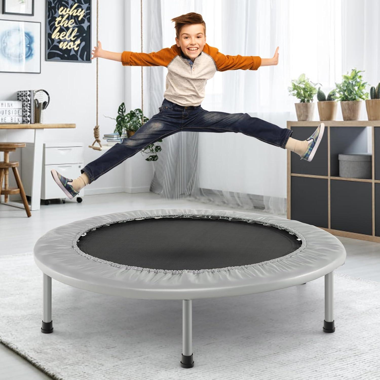 image:imageGiantex 36 38 Foldable Rebounder Trampoline for Adults Stable amp Quiet Small Exercise Trampoline with Safety Pad Indoor Outdoor Mini Fitness Trampoline for Adults Kids Workout Max Load 330lbsGrey
