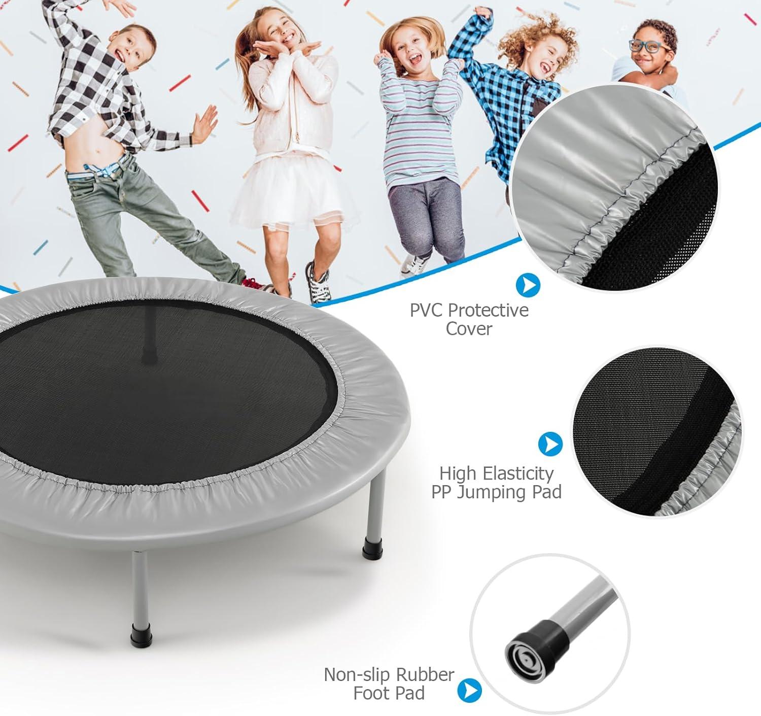 image:imageGiantex 36 38 Folding Mini Trampoline Portable Recreational Fitness Trampoline for Adults Kids Max Load 330lbs Foldable Indoor Exercise Rebounder TrampolineGrey