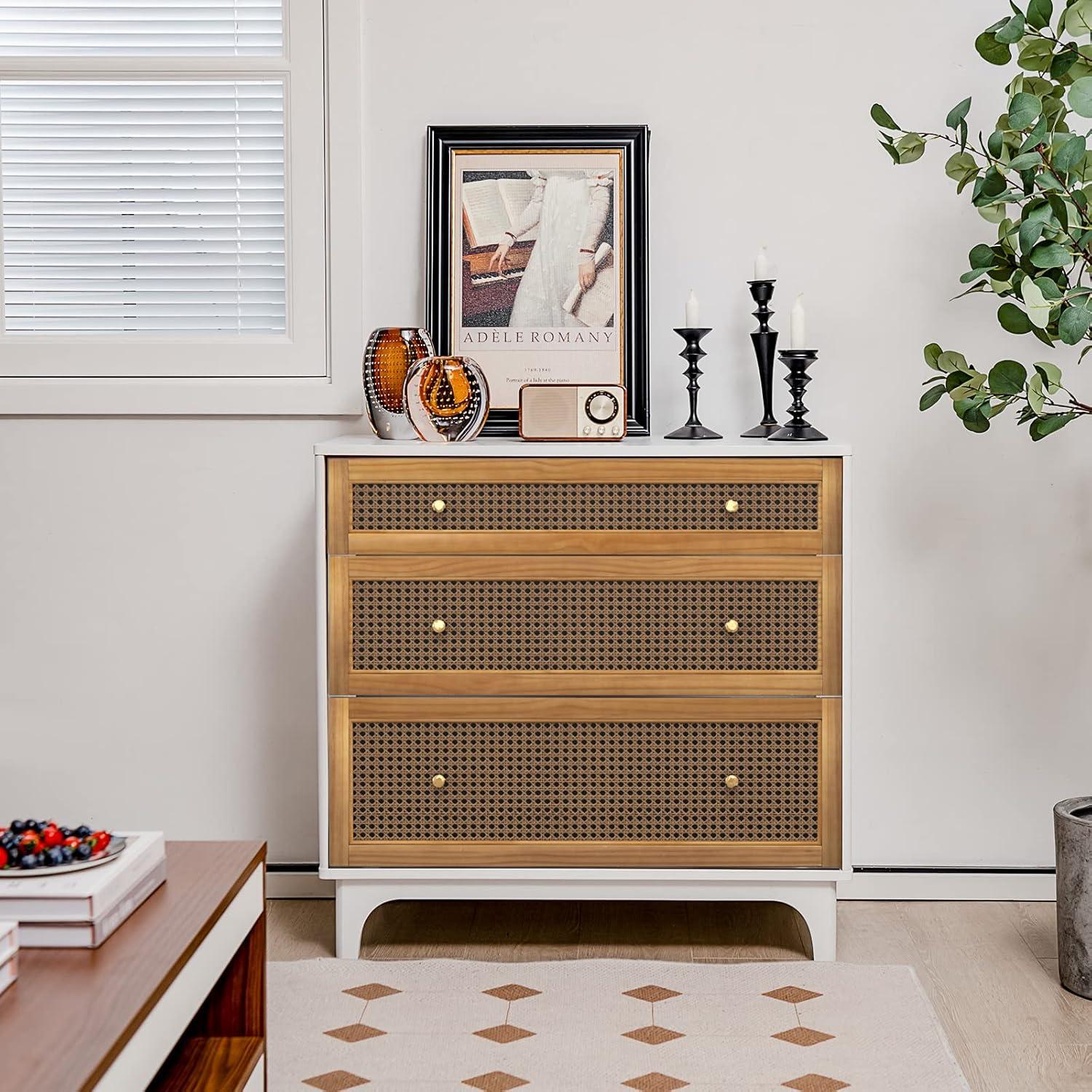 image:imageGiantex 3Drawer Dresser Chest for Bedroom Storage Chest of Drawers with Antitoppling Device Wide Storage Dresser Bedside Table for Living Room Hallway Rattan Drawer ChestFloor Storage Cabinet