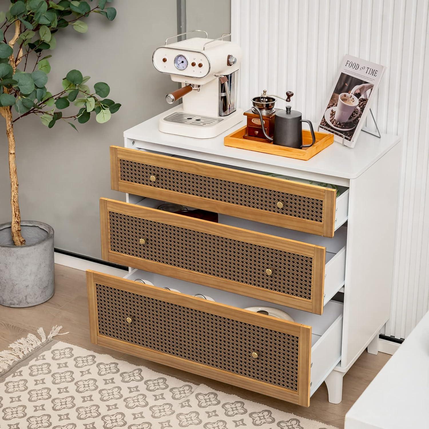 image:imageGiantex 3Drawer Dresser Chest for Bedroom Storage Chest of Drawers with Antitoppling Device Wide Storage Dresser Bedside Table for Living Room Hallway Rattan Drawer ChestFloor Storage Cabinet