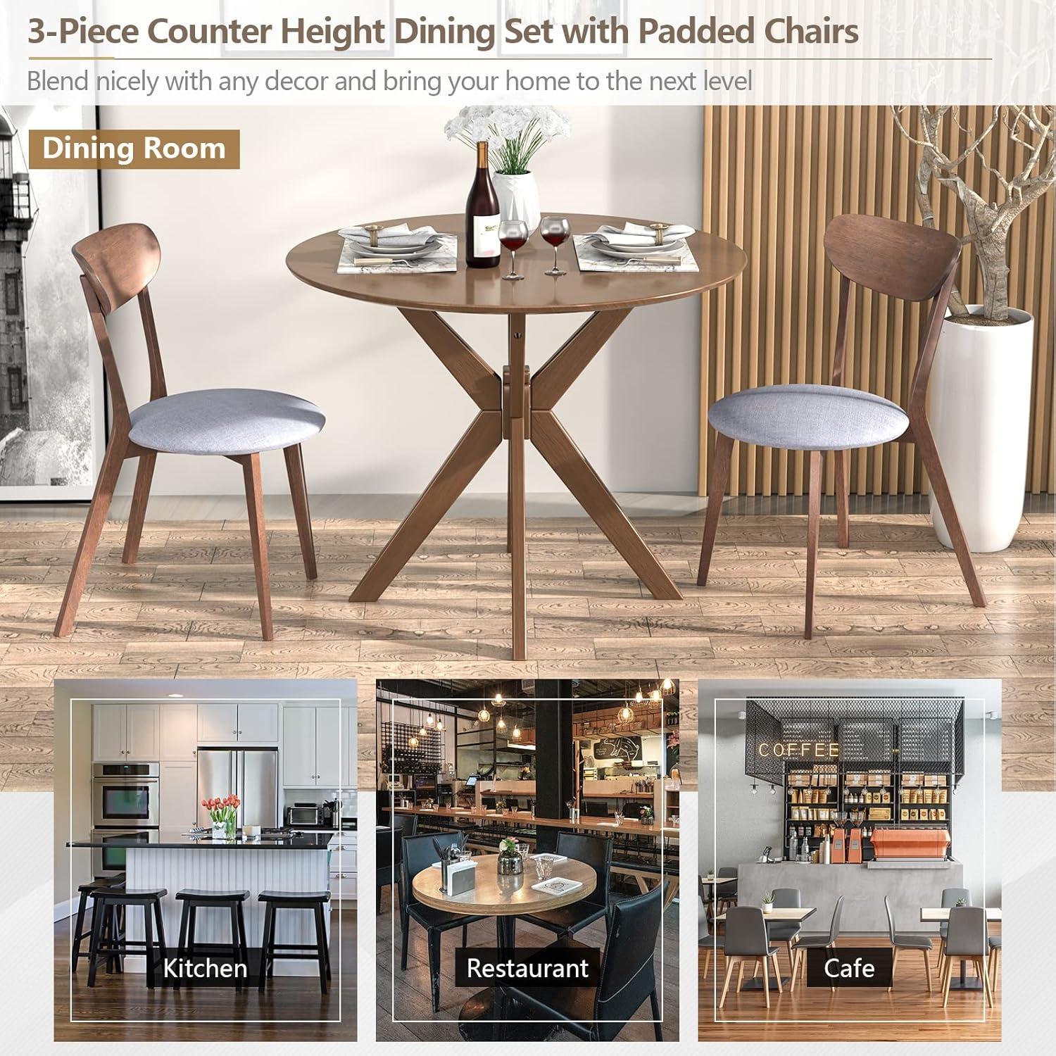 image:imageGiantex 3Piece Dining Table and Chair Set Wooden Kitchen Table Set Farmhouse Round Kitchen Table and 2 Cushioned Dinette Chairs MidCentury Dining Table Set for Dining Room Living Room