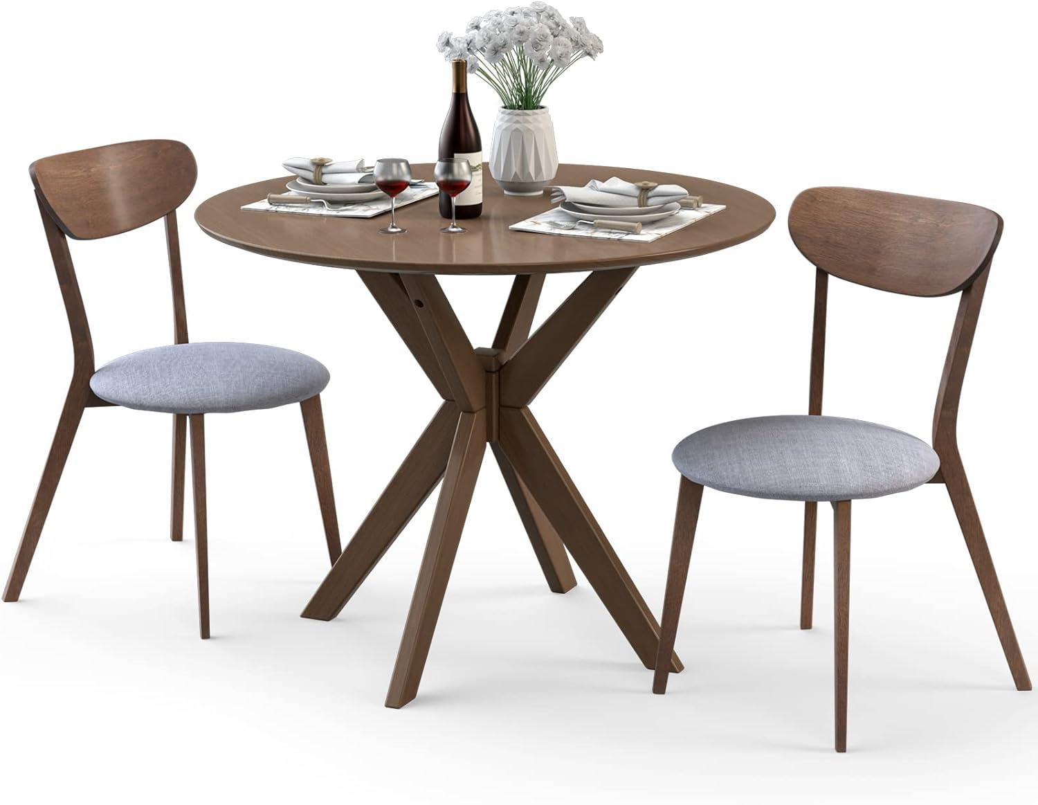 image:imageGiantex 3Piece Dining Table and Chair Set Wooden Kitchen Table Set Farmhouse Round Kitchen Table and 2 Cushioned Dinette Chairs MidCentury Dining Table Set for Dining Room Living Room
