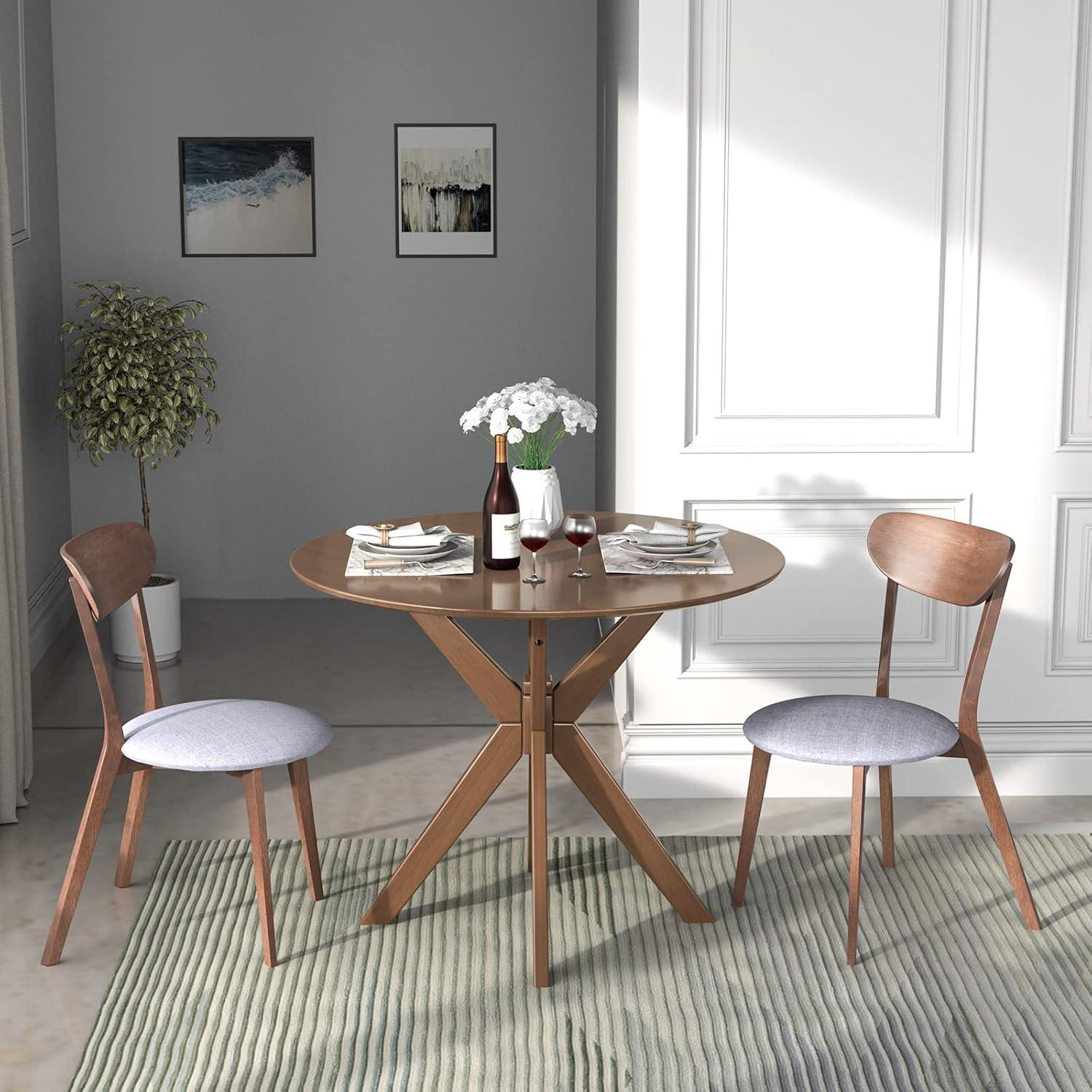 image:imageGiantex 3Piece Dining Table and Chair Set Wooden Kitchen Table Set Farmhouse Round Kitchen Table and 2 Cushioned Dinette Chairs MidCentury Dining Table Set for Dining Room Living Room