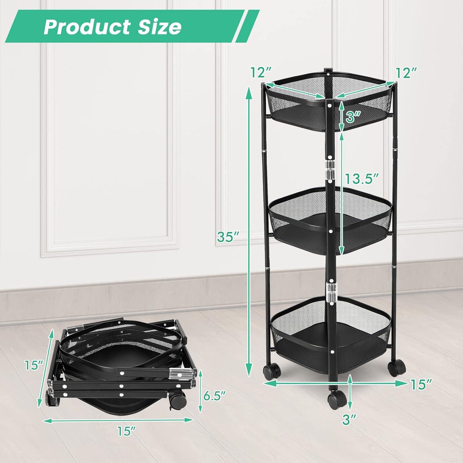 image:imageGiantex 3Tier Fruit Vegetable Basket with Rollers 35 Tall No Assembly Required Metal Wire Storage Organizer Trolley Cart ToolFree Assembly OneSecond Folding Utility Cart with WheelsBlacksquare