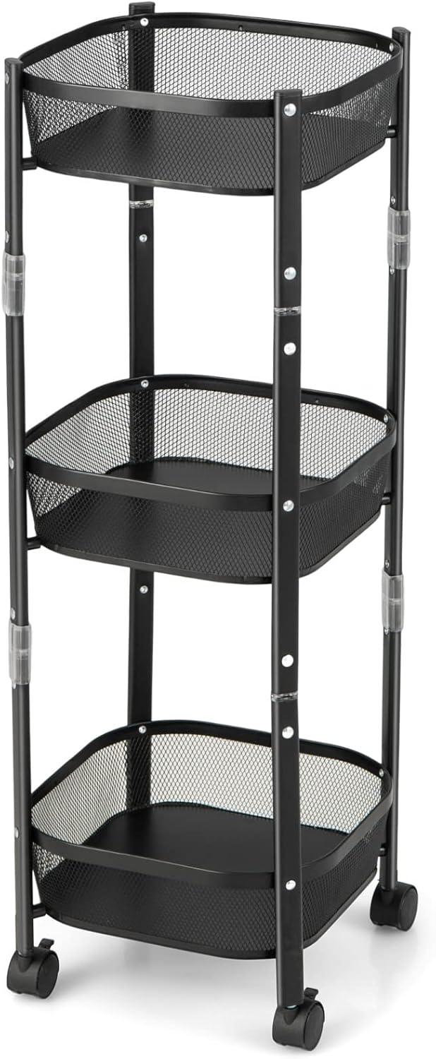 image:imageGiantex 3Tier Fruit Vegetable Basket with Rollers 35 Tall No Assembly Required Metal Wire Storage Organizer Trolley Cart ToolFree Assembly OneSecond Folding Utility Cart with WheelsBlacksquare